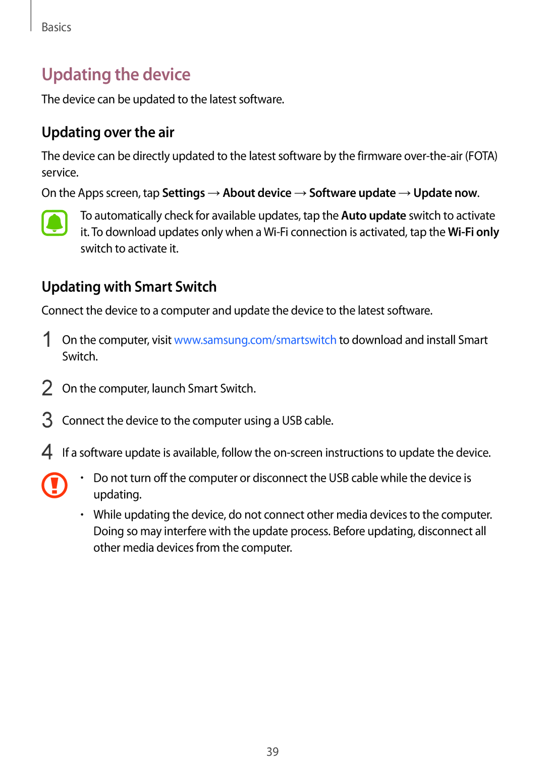 Samsung SM-T815NZDEKSA, SM-T815NZKEKSA manual Updating the device, Updating over the air, Updating with Smart Switch 