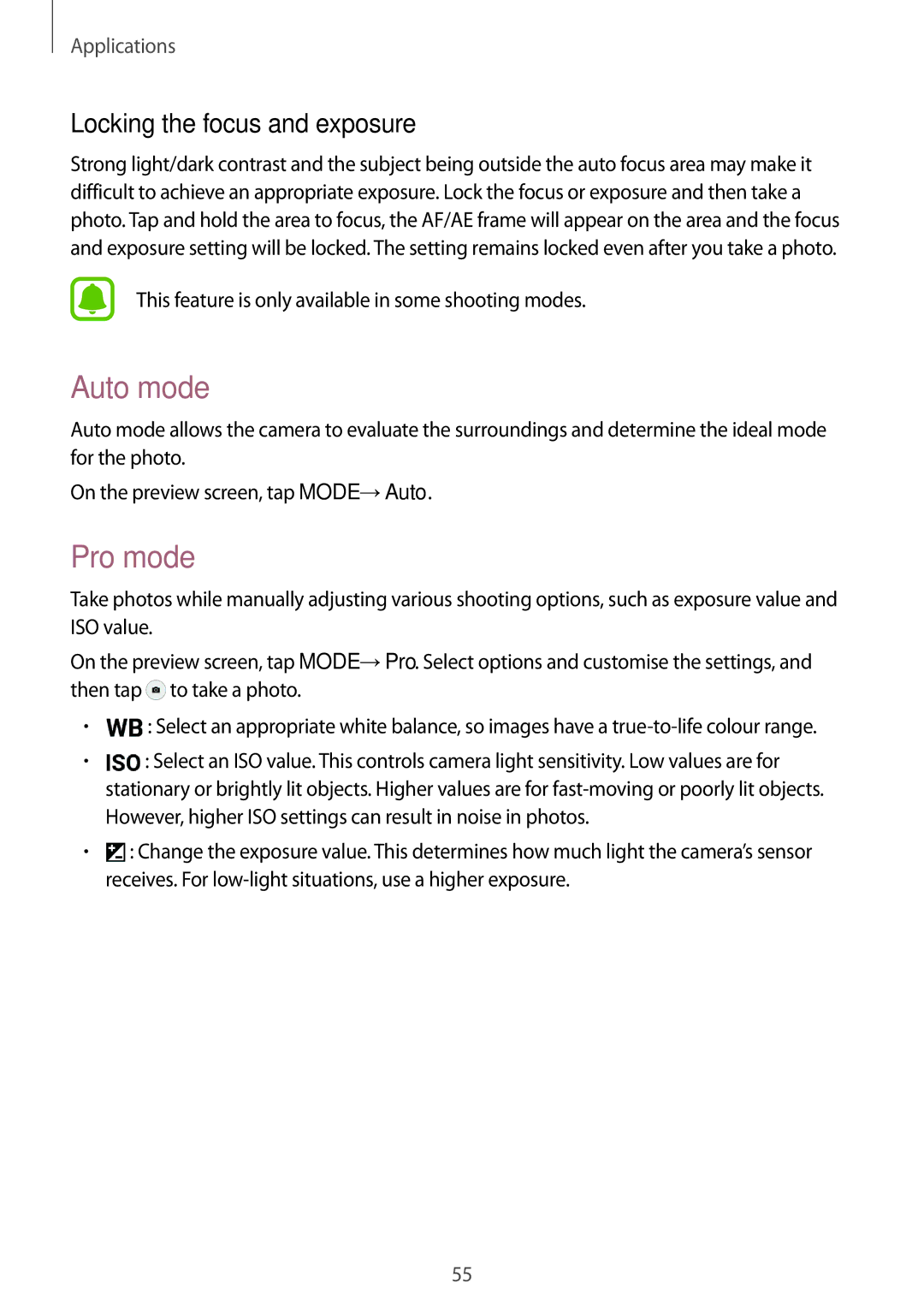 Samsung SM-T815NZKEKSA, SM-T815NZDEKSA, SM-T815NZWEKSA manual Auto mode, Pro mode, Locking the focus and exposure 