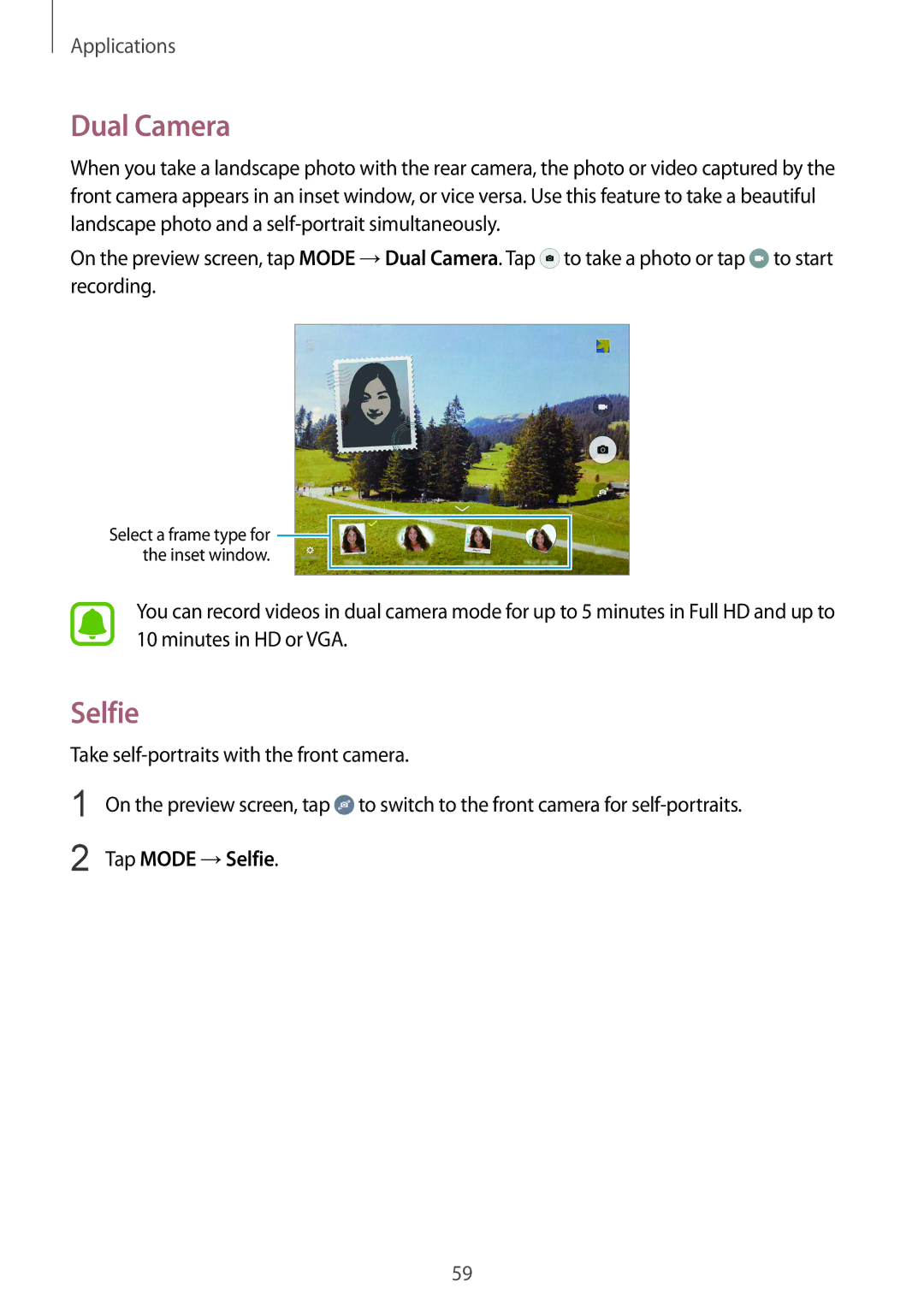 Samsung SM-T815NZWEKSA, SM-T815NZDEKSA, SM-T815NZKEKSA manual Dual Camera, Tap Mode →Selfie 