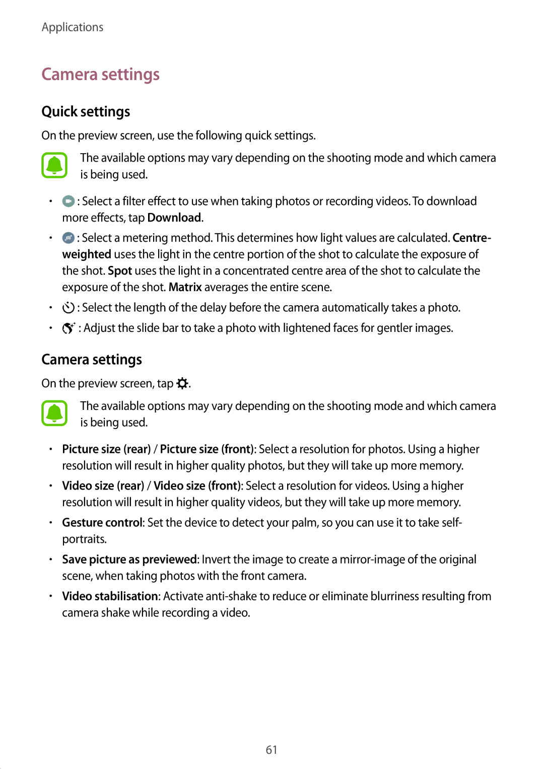 Samsung SM-T815NZKEKSA, SM-T815NZDEKSA, SM-T815NZWEKSA manual Camera settings, Quick settings 