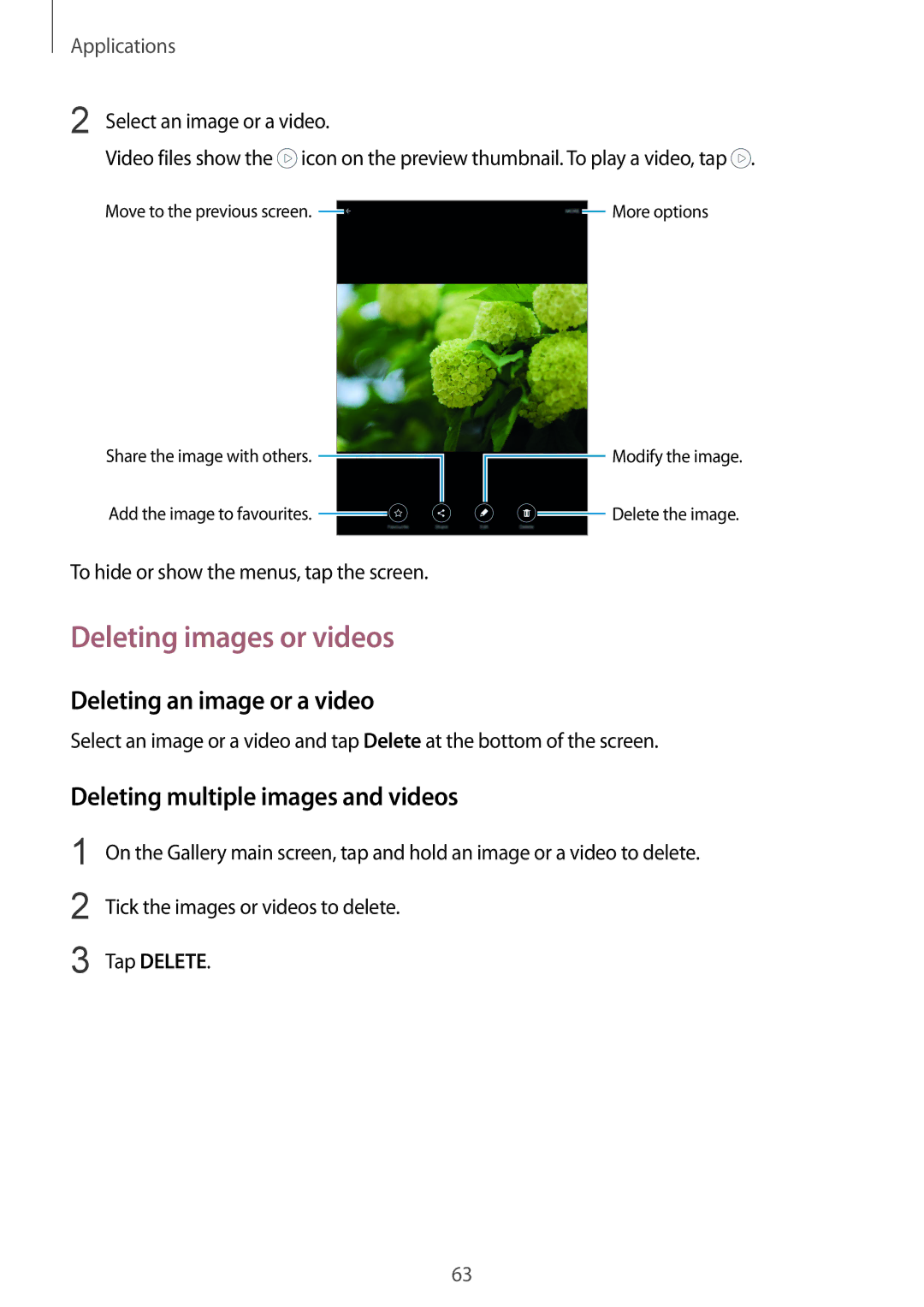 Samsung SM-T815NZDEKSA manual Deleting images or videos, Deleting an image or a video, Deleting multiple images and videos 
