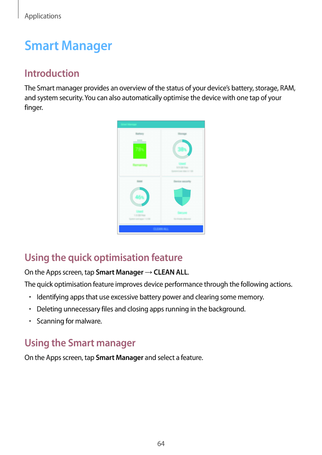 Samsung SM-T815NZKEKSA, SM-T815NZDEKSA manual Smart Manager, Using the quick optimisation feature, Using the Smart manager 