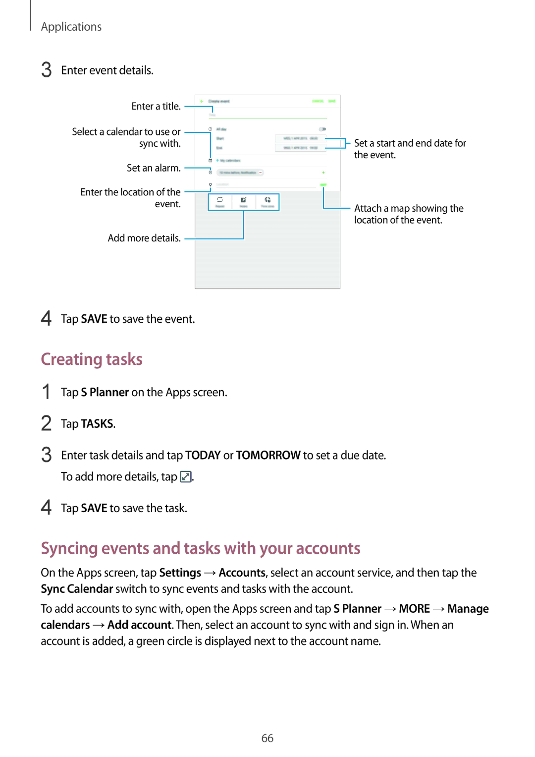 Samsung SM-T815NZDEKSA, SM-T815NZKEKSA, SM-T815NZWEKSA manual Creating tasks, Syncing events and tasks with your accounts 