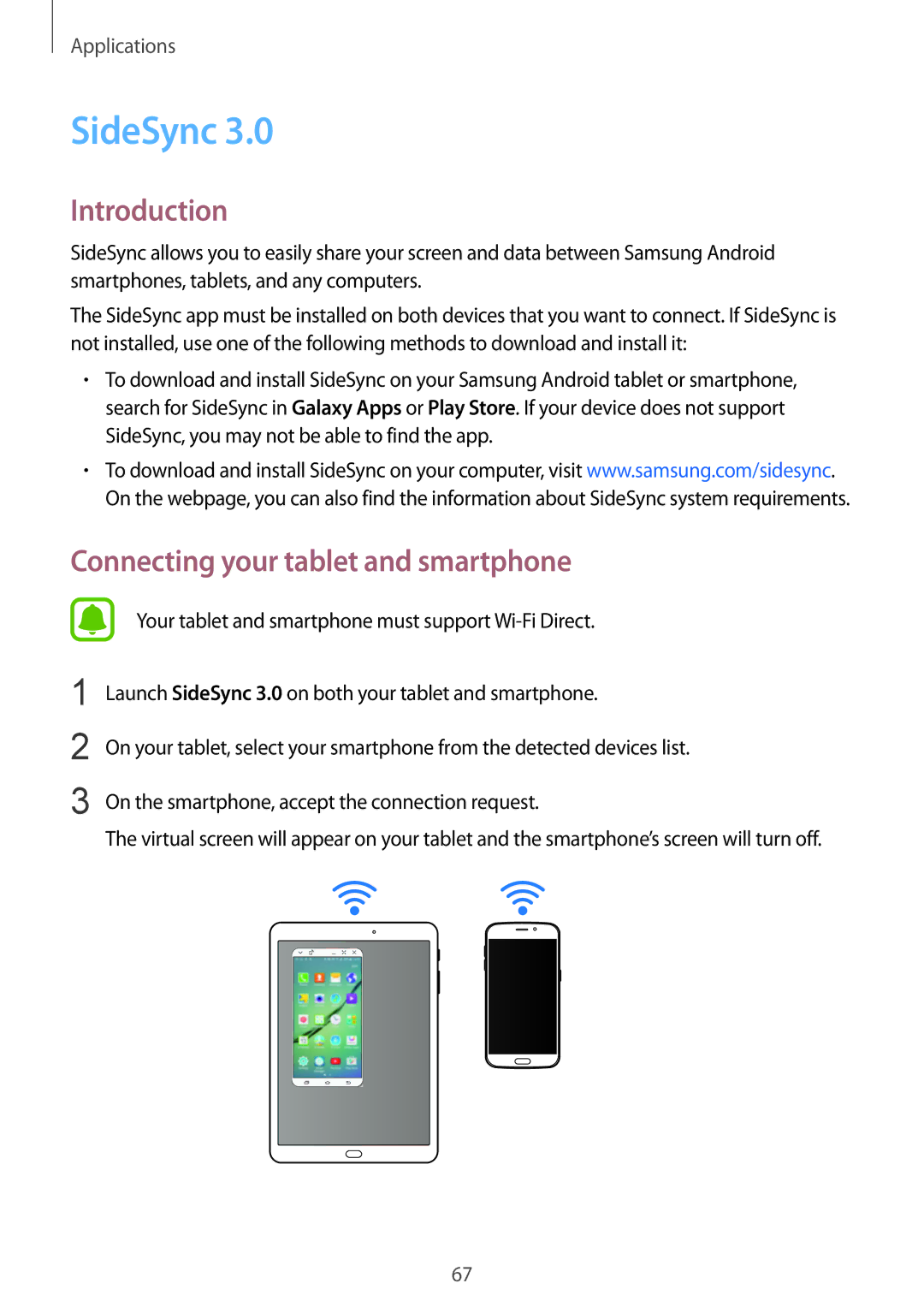 Samsung SM-T815NZKEKSA, SM-T815NZDEKSA, SM-T815NZWEKSA manual SideSync, Connecting your tablet and smartphone 