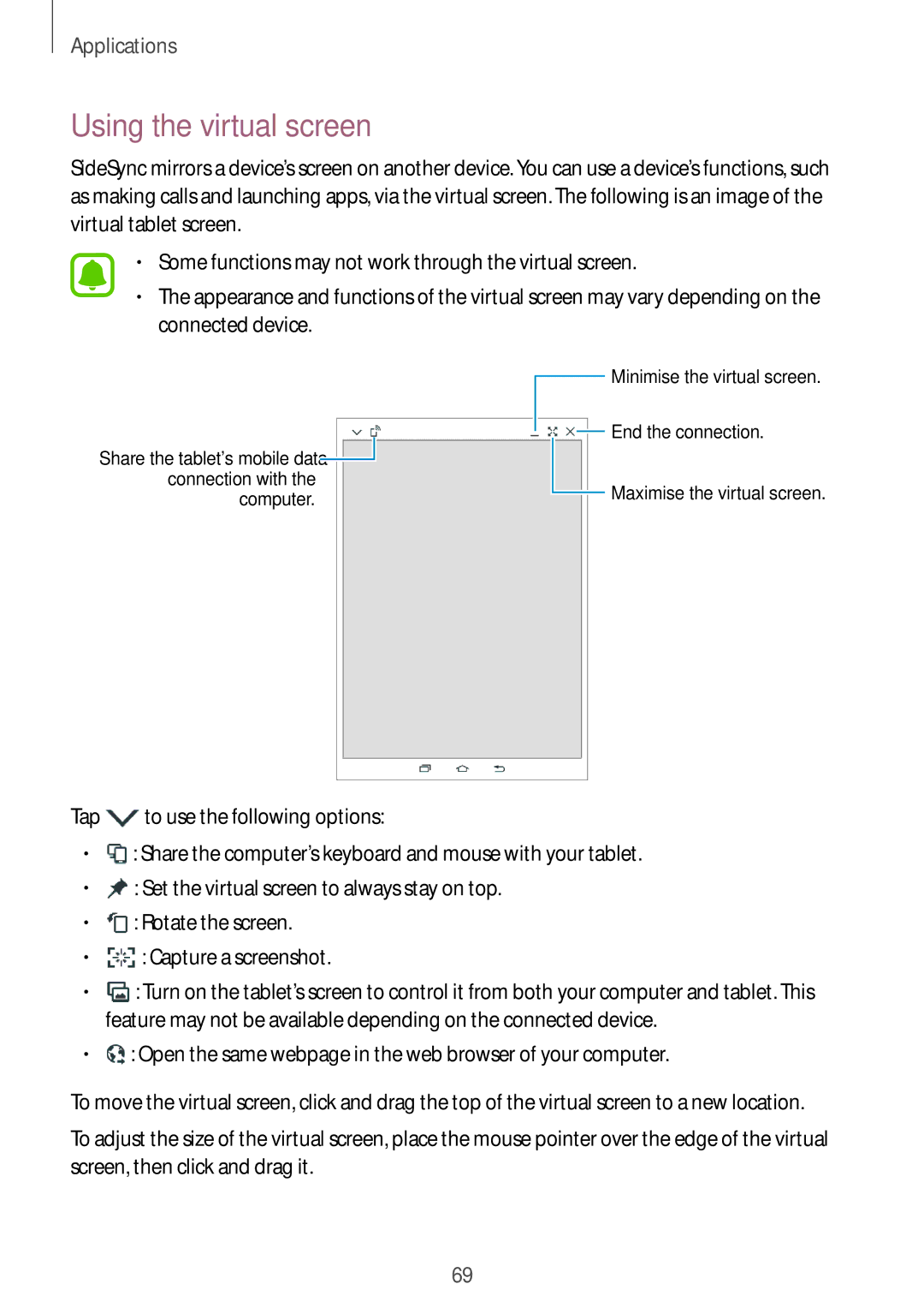 Samsung SM-T815NZDEKSA, SM-T815NZKEKSA, SM-T815NZWEKSA manual Using the virtual screen 