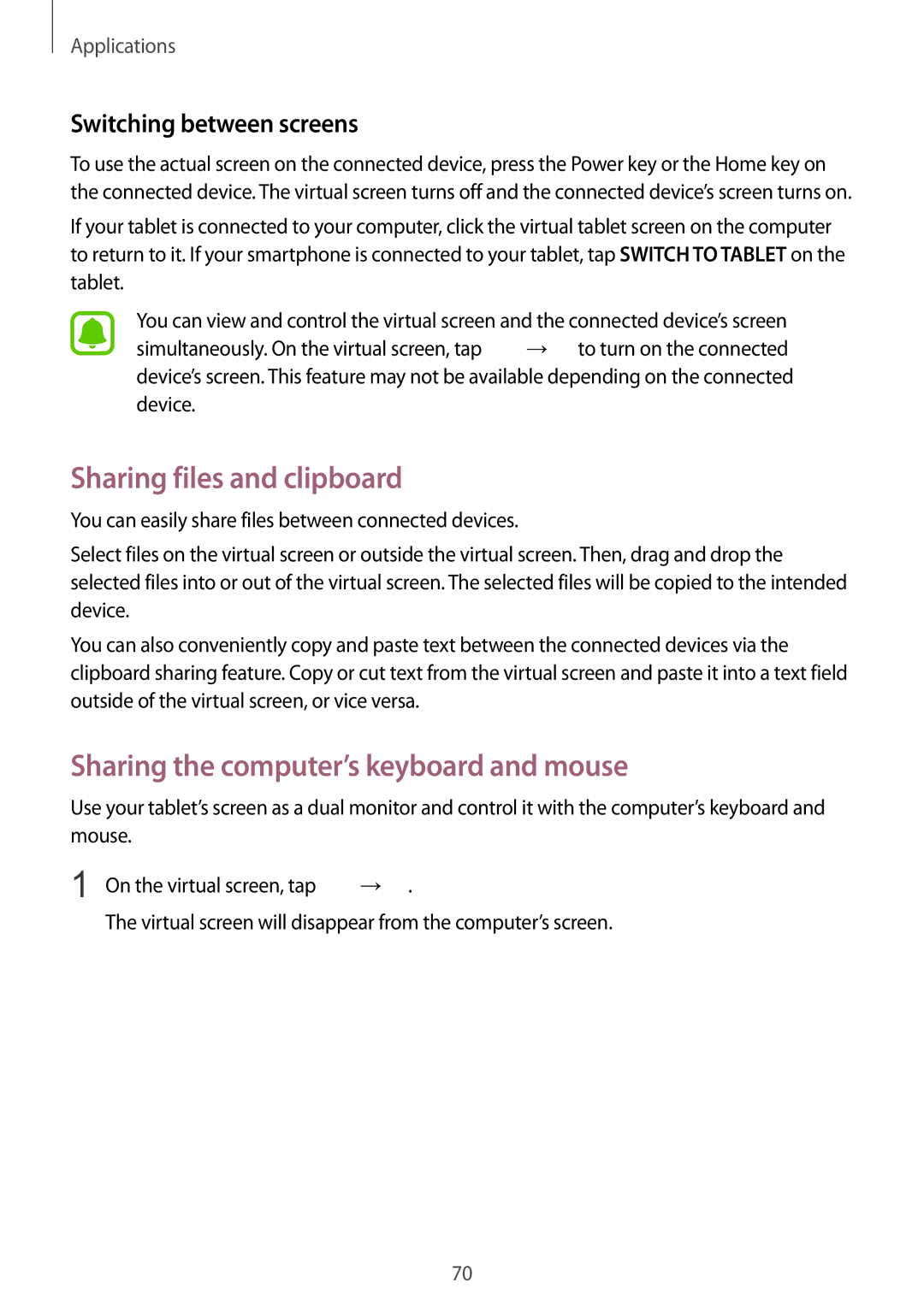 Samsung SM-T815NZKEKSA Sharing files and clipboard, Sharing the computer’s keyboard and mouse, Switching between screens 