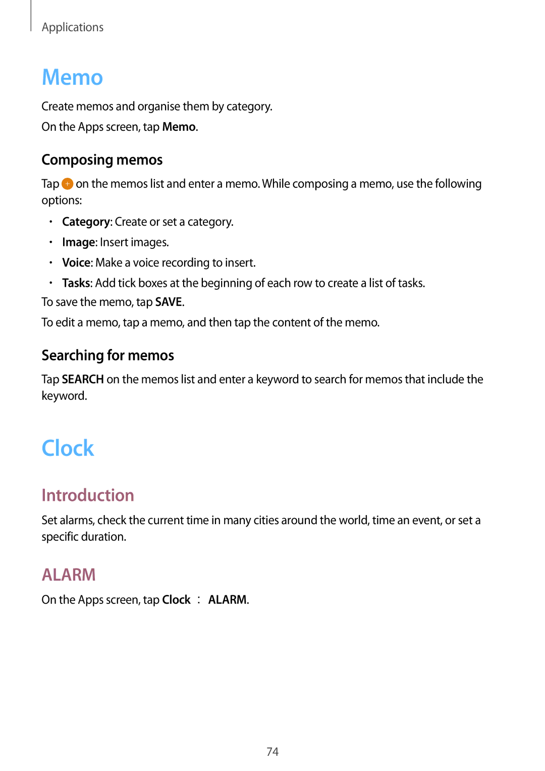 Samsung SM-T815NZWEKSA, SM-T815NZDEKSA, SM-T815NZKEKSA manual Memo, Clock, Composing memos, Searching for memos 