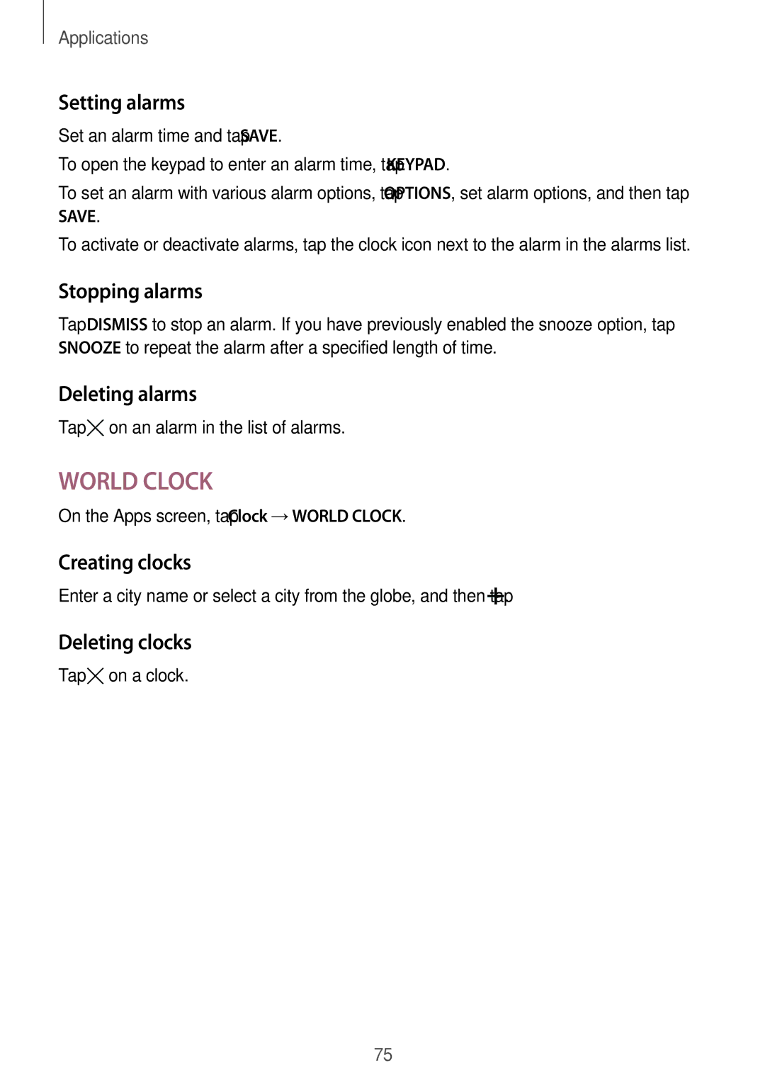 Samsung SM-T815NZDEKSA, SM-T815NZKEKSA Setting alarms, Stopping alarms, Deleting alarms, Creating clocks, Deleting clocks 