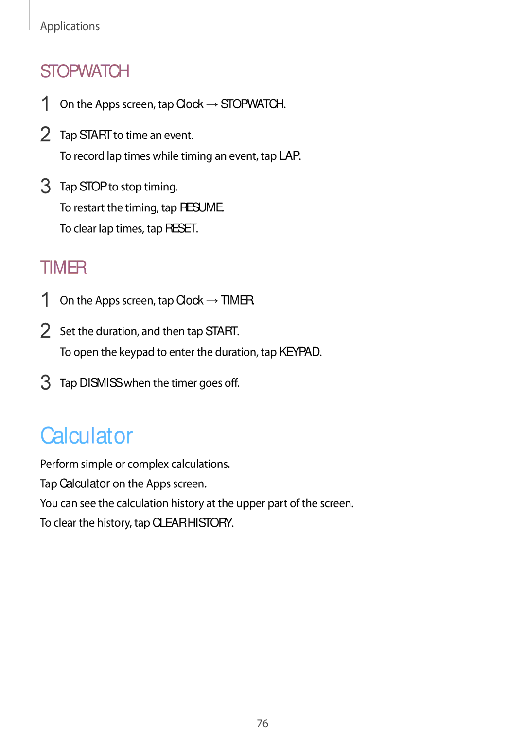 Samsung SM-T815NZKEKSA, SM-T815NZDEKSA, SM-T815NZWEKSA manual Calculator, Stopwatch 