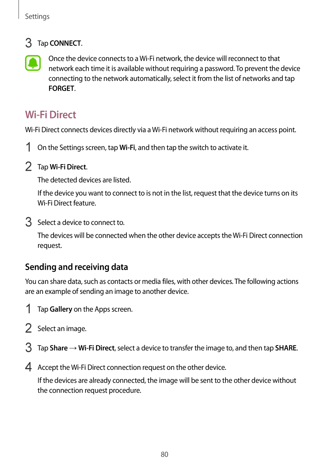 Samsung SM-T815NZWEKSA, SM-T815NZDEKSA, SM-T815NZKEKSA manual Sending and receiving data, Tap Connect, Tap Wi-Fi Direct 