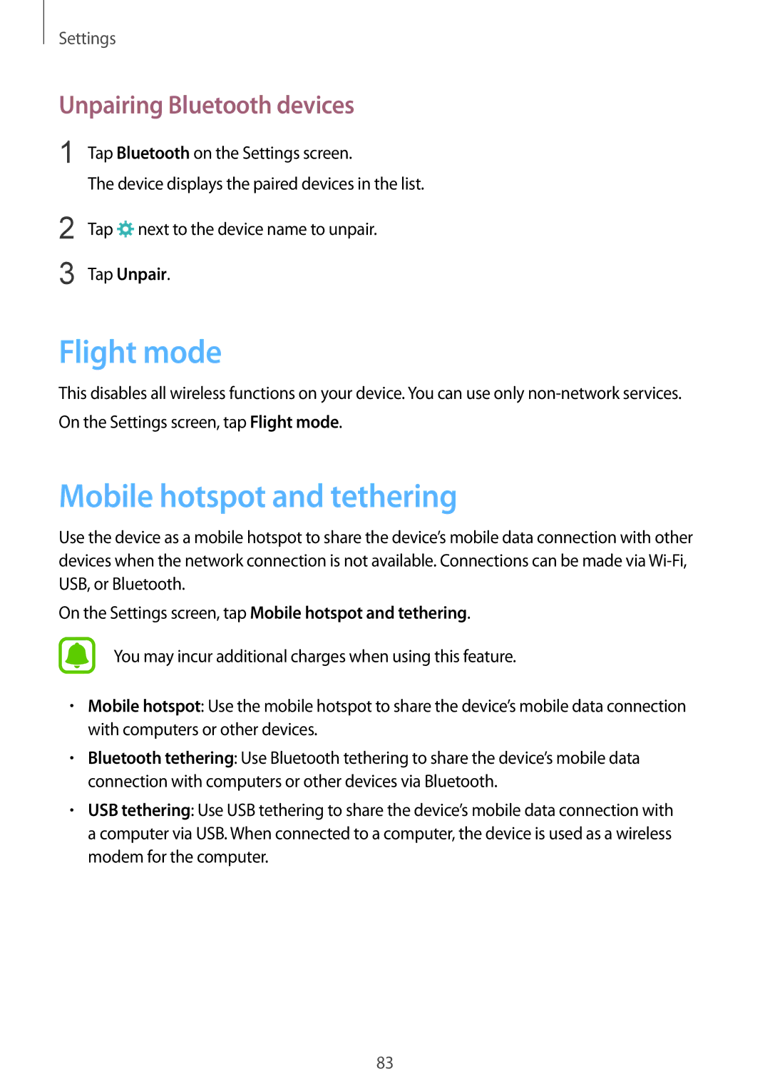 Samsung SM-T815NZWEKSA, SM-T815NZDEKSA Flight mode, Mobile hotspot and tethering, Unpairing Bluetooth devices, Tap Unpair 