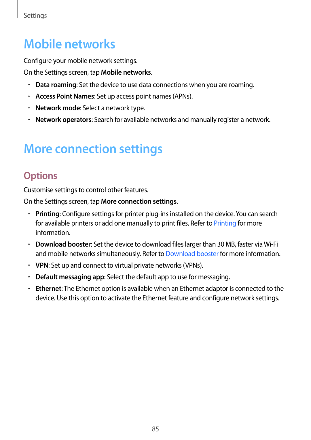 Samsung SM-T815NZKEKSA, SM-T815NZDEKSA, SM-T815NZWEKSA manual Mobile networks, More connection settings, Options 