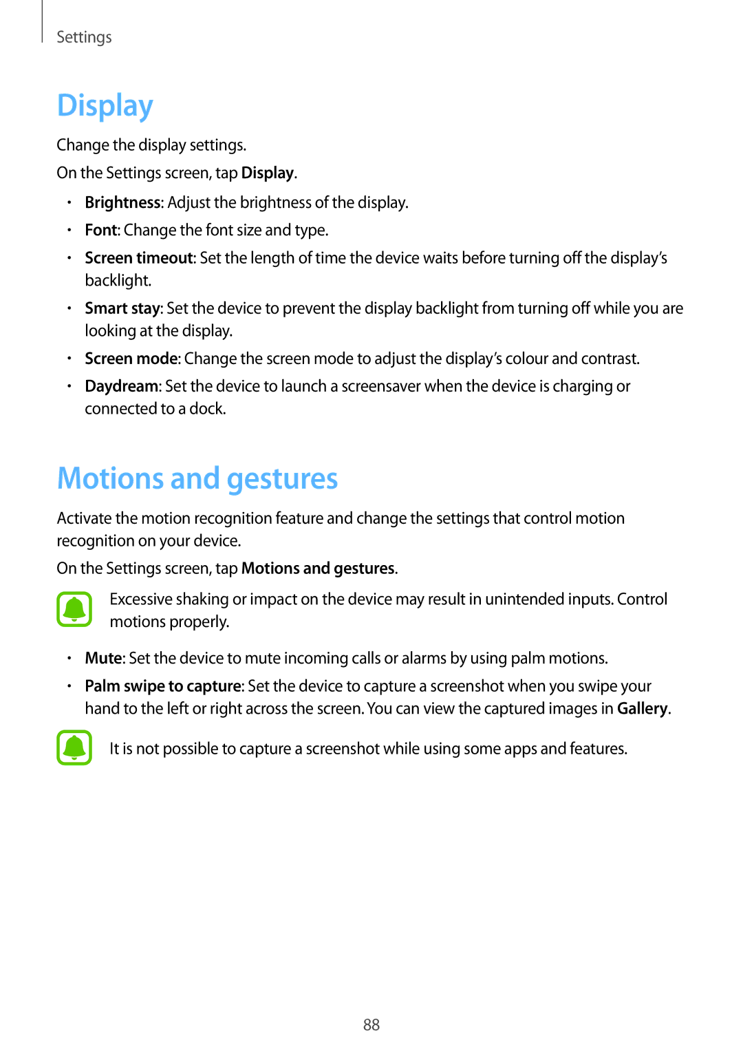 Samsung SM-T815NZKEKSA, SM-T815NZDEKSA, SM-T815NZWEKSA manual Display, Motions and gestures 