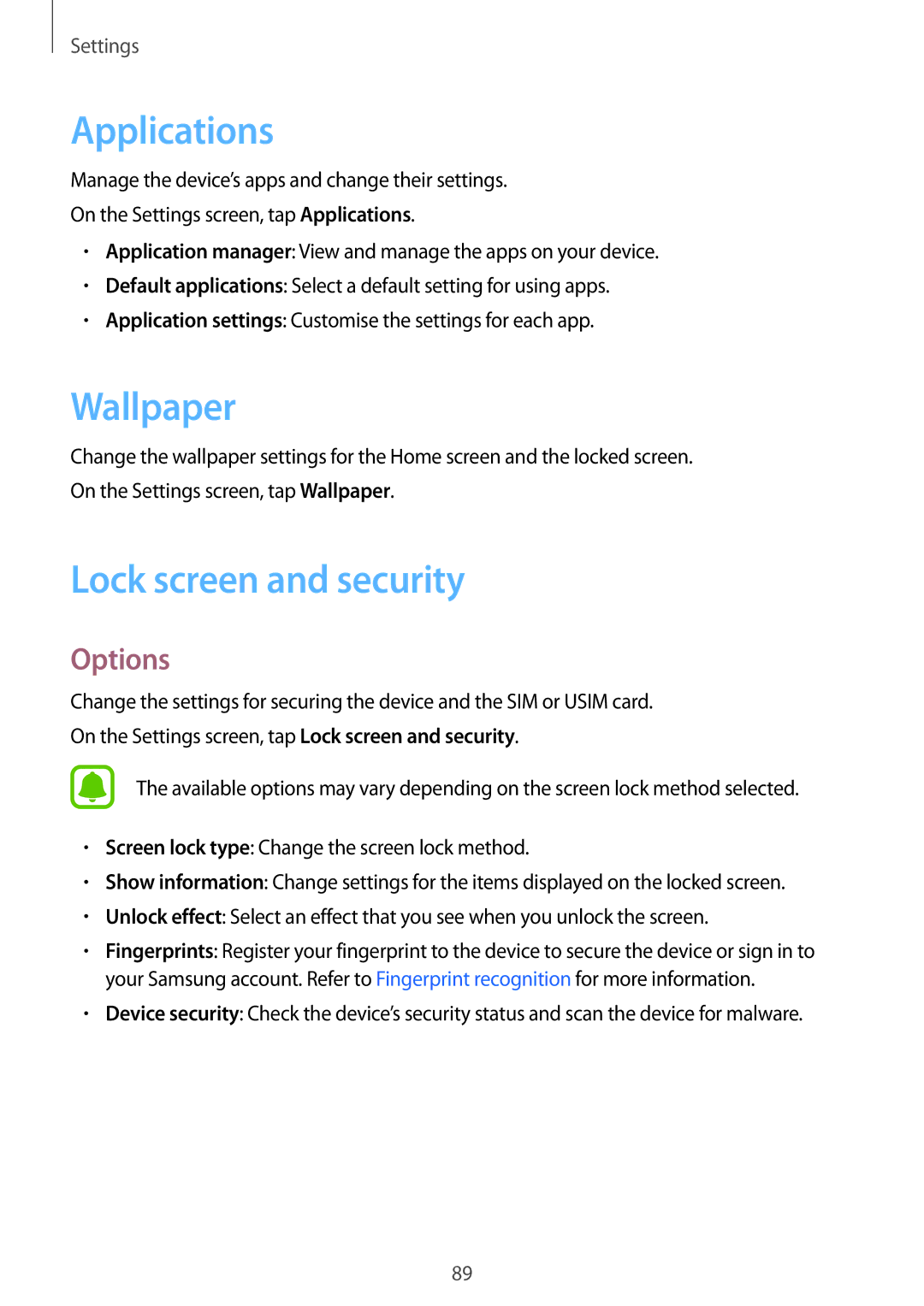 Samsung SM-T815NZWEKSA, SM-T815NZDEKSA, SM-T815NZKEKSA manual Applications, Wallpaper, Lock screen and security 