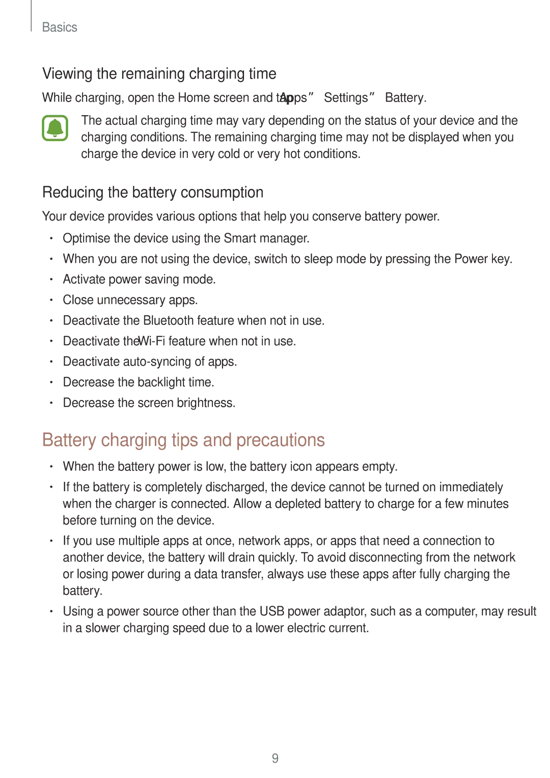 Samsung SM-T815NZDEKSA, SM-T815NZKEKSA manual Battery charging tips and precautions, Viewing the remaining charging time 