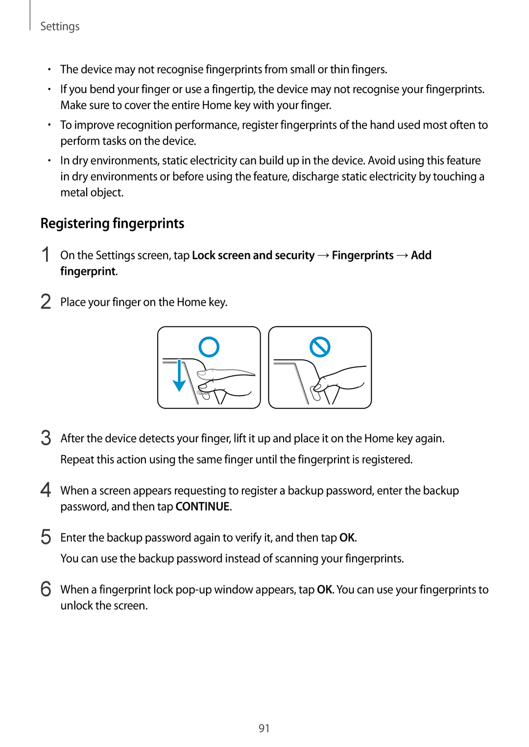 Samsung SM-T815NZKEKSA, SM-T815NZDEKSA, SM-T815NZWEKSA manual Registering fingerprints 