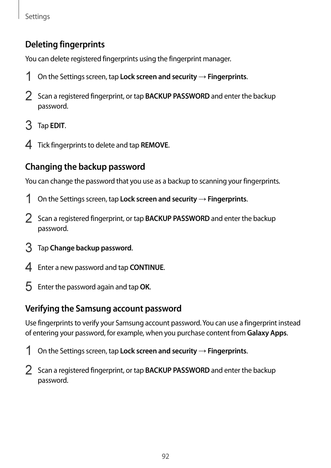 Samsung SM-T815NZWEKSA manual Deleting fingerprints, Changing the backup password, Verifying the Samsung account password 