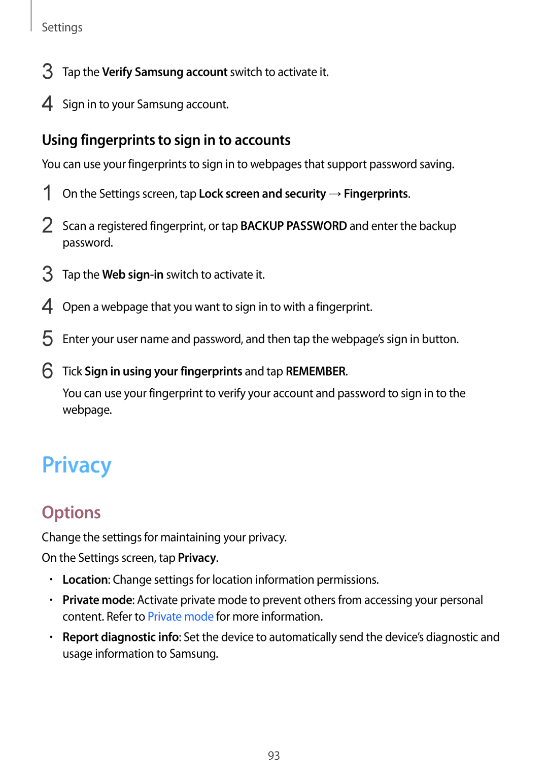 Samsung SM-T815NZDEKSA, SM-T815NZKEKSA, SM-T815NZWEKSA manual Privacy, Using fingerprints to sign in to accounts 