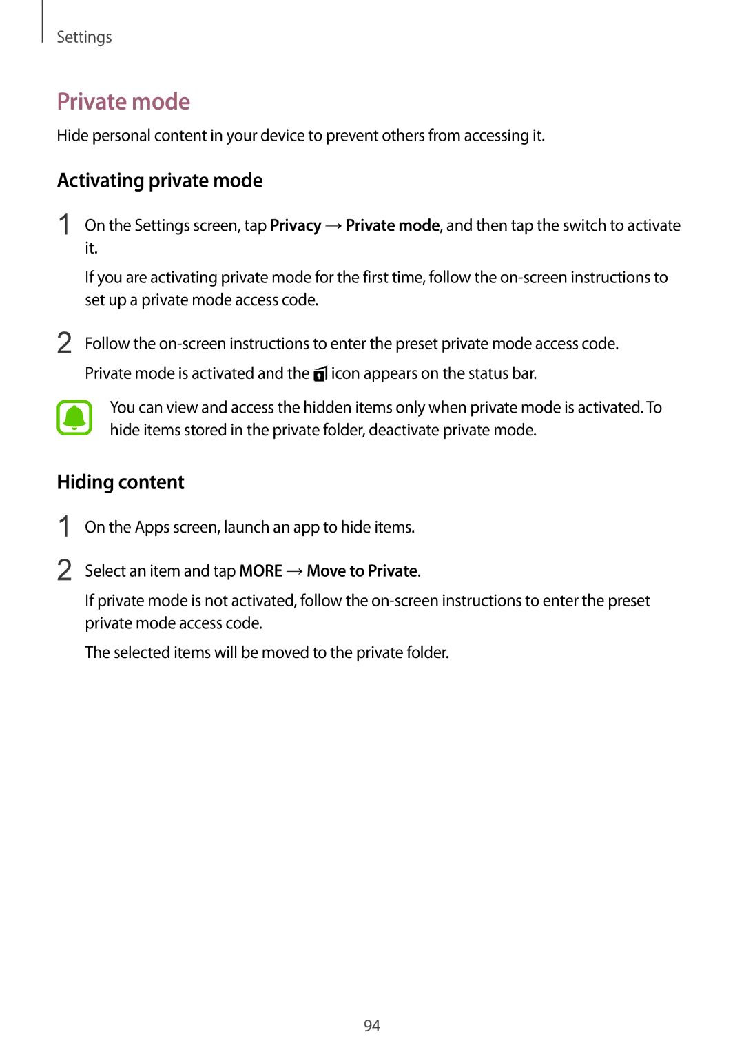 Samsung SM-T815NZKEKSA, SM-T815NZDEKSA, SM-T815NZWEKSA manual Private mode, Activating private mode, Hiding content 