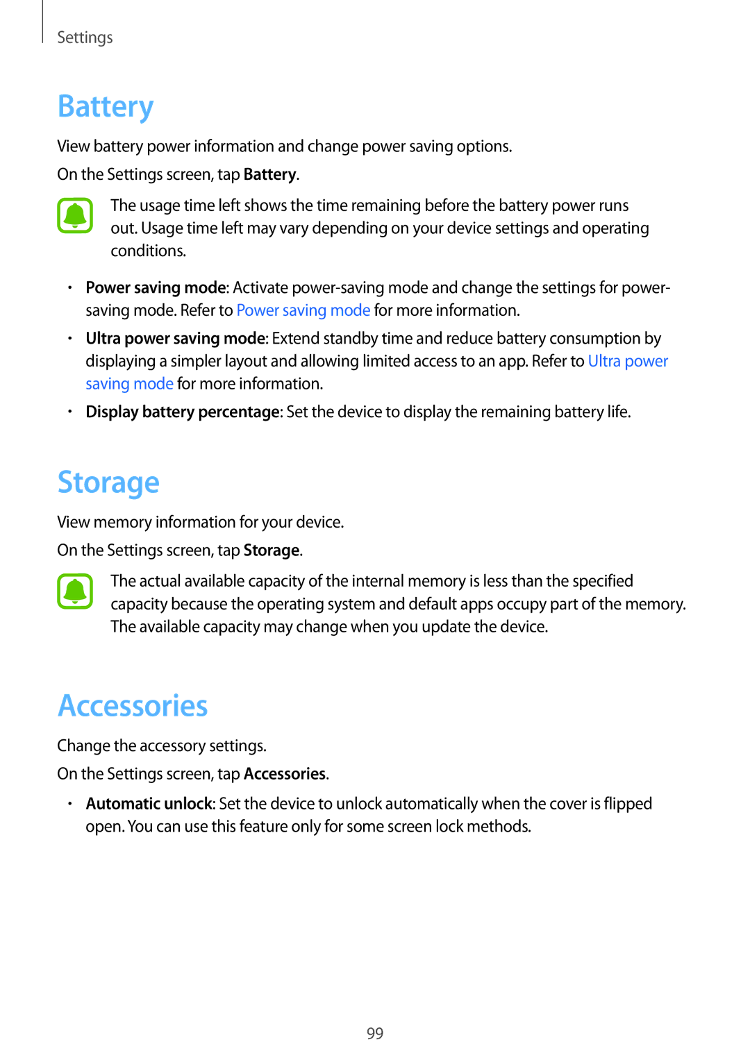 Samsung SM-T815NZDEKSA, SM-T815NZKEKSA, SM-T815NZWEKSA manual Storage, Accessories 