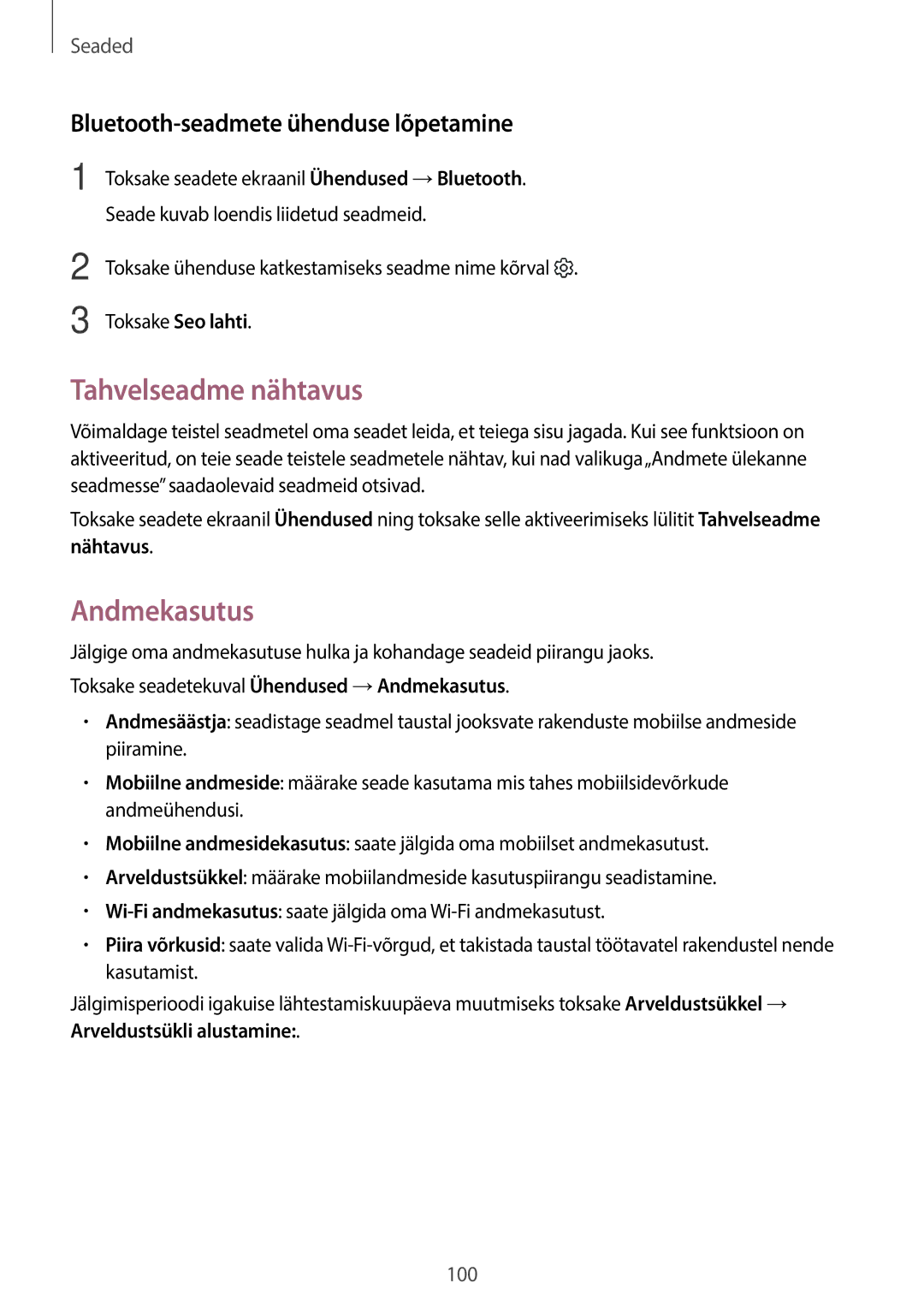 Samsung SM-T815NZKESEB, SM-T815NZDESEB manual Tahvelseadme nähtavus, Andmekasutus, Bluetooth-seadmete ühenduse lõpetamine 