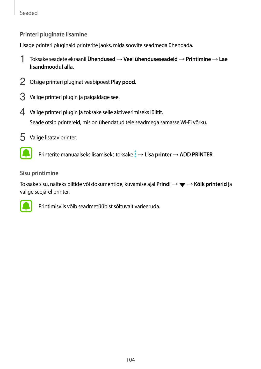 Samsung SM-T815NZWESEB, SM-T815NZDESEB, SM-T815NZKESEB manual Printeri pluginate lisamine 