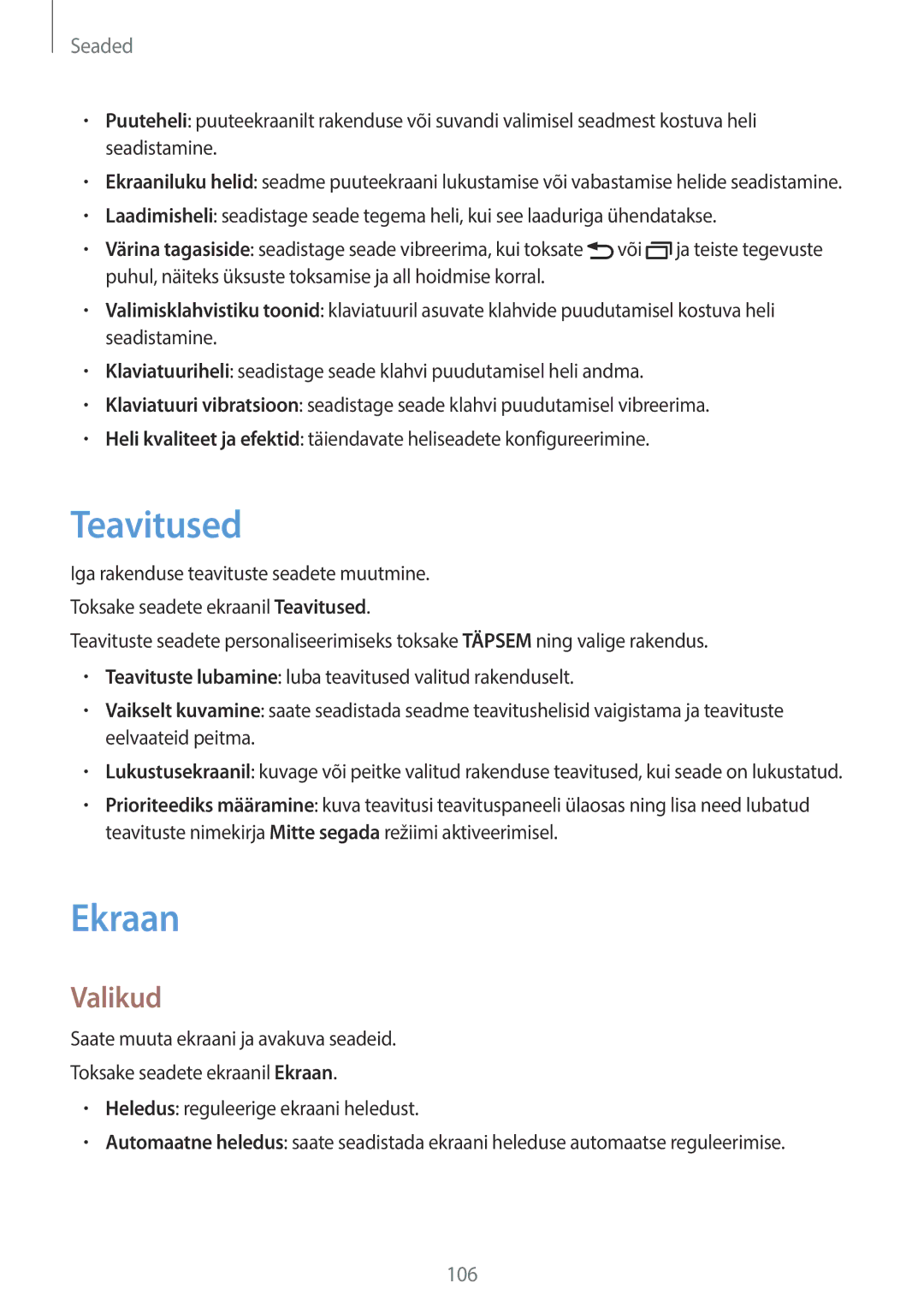 Samsung SM-T815NZKESEB, SM-T815NZDESEB, SM-T815NZWESEB manual Teavitused, Ekraan, Valikud 