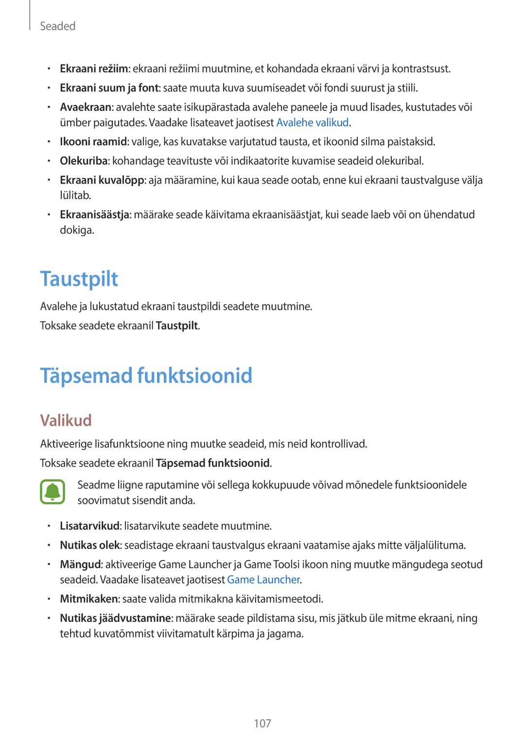 Samsung SM-T815NZWESEB, SM-T815NZDESEB, SM-T815NZKESEB manual Taustpilt, Täpsemad funktsioonid 