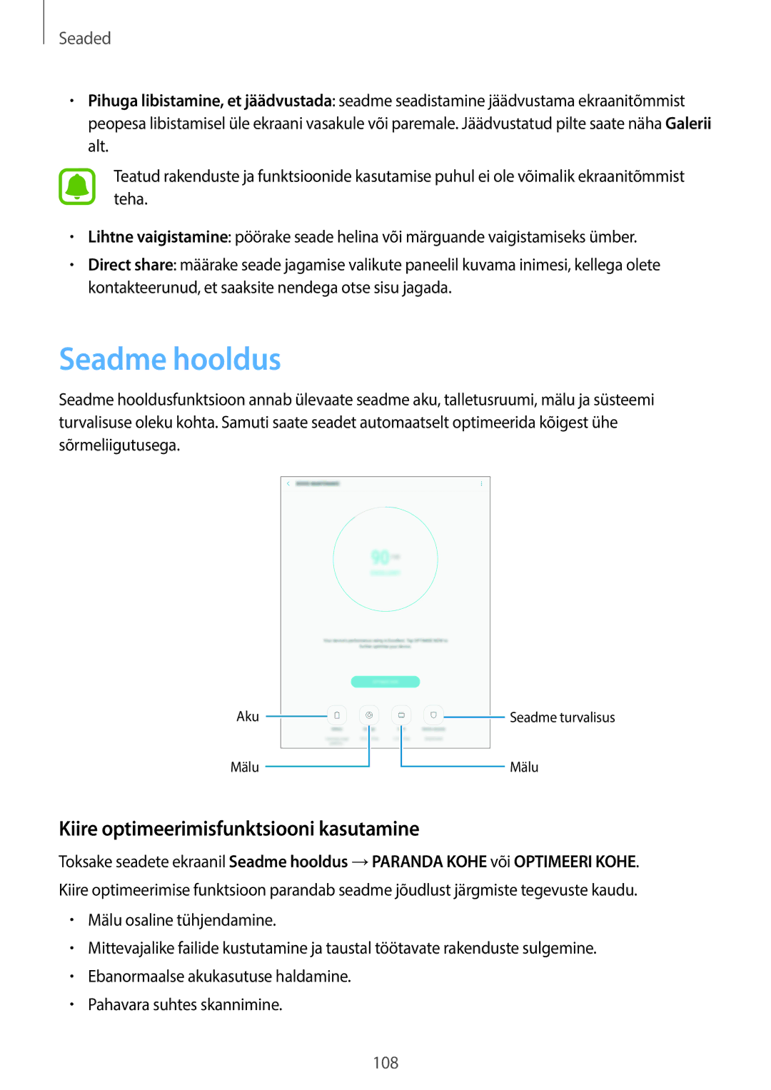 Samsung SM-T815NZDESEB, SM-T815NZKESEB, SM-T815NZWESEB manual Seadme hooldus, Kiire optimeerimisfunktsiooni kasutamine 