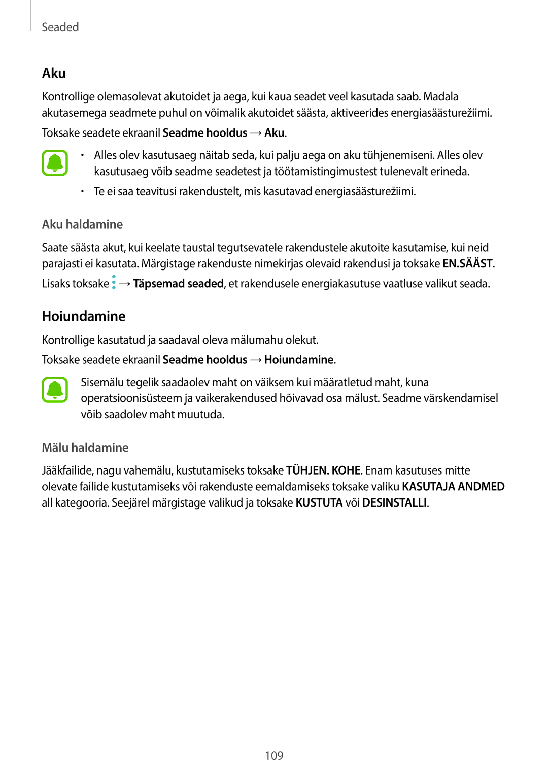 Samsung SM-T815NZKESEB, SM-T815NZDESEB, SM-T815NZWESEB manual Aku, Hoiundamine 