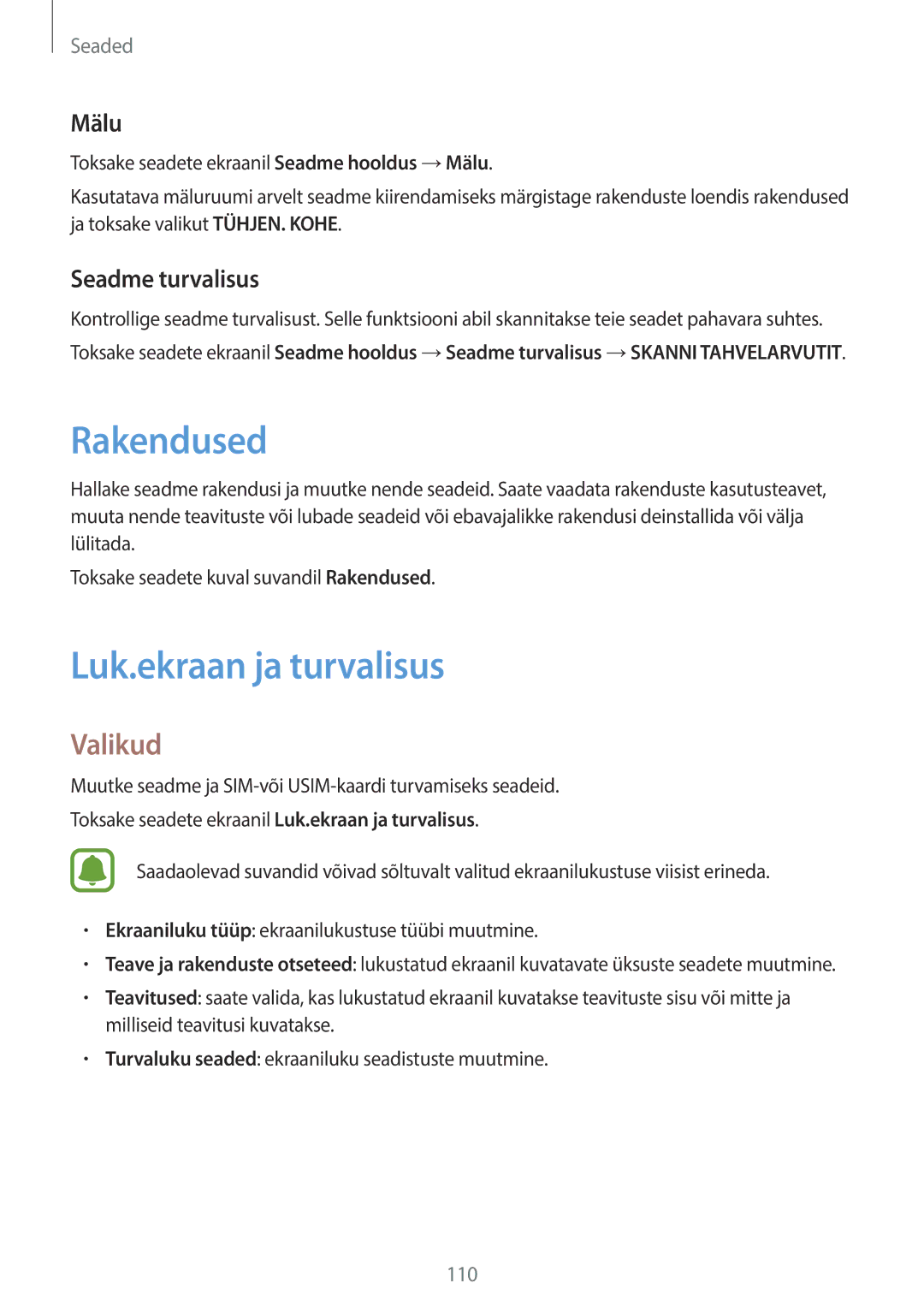 Samsung SM-T815NZWESEB, SM-T815NZDESEB, SM-T815NZKESEB manual Rakendused, Luk.ekraan ja turvalisus, Mälu, Seadme turvalisus 