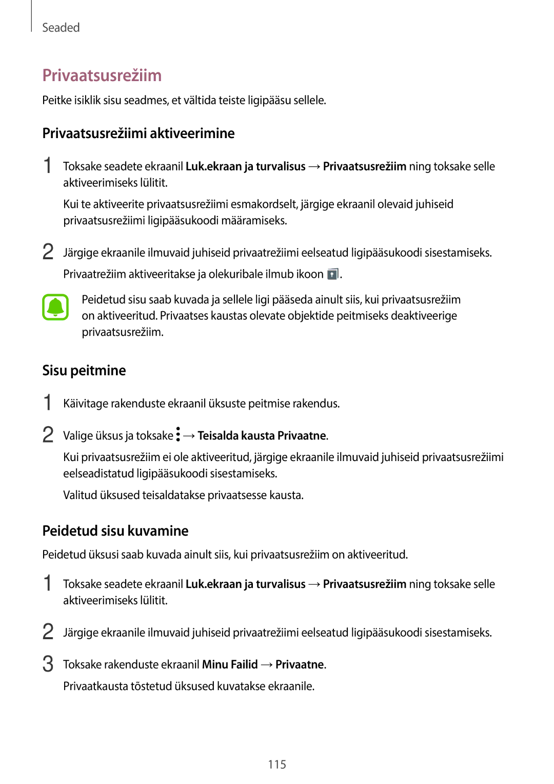 Samsung SM-T815NZKESEB, SM-T815NZDESEB manual Privaatsusrežiimi aktiveerimine, Sisu peitmine, Peidetud sisu kuvamine 