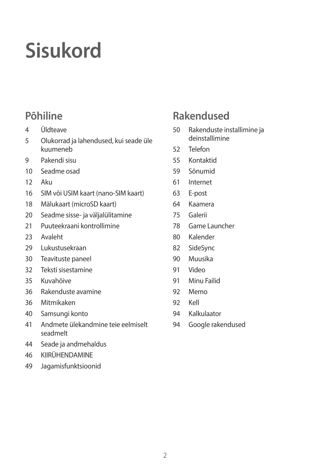 Samsung SM-T815NZWESEB, SM-T815NZDESEB, SM-T815NZKESEB manual Sisukord 