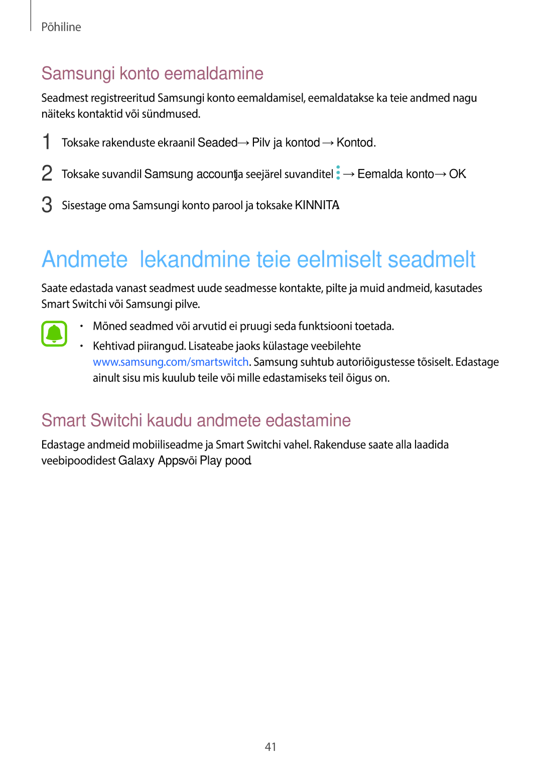 Samsung SM-T815NZWESEB, SM-T815NZDESEB, SM-T815NZKESEB Samsungi konto eemaldamine, Smart Switchi kaudu andmete edastamine 