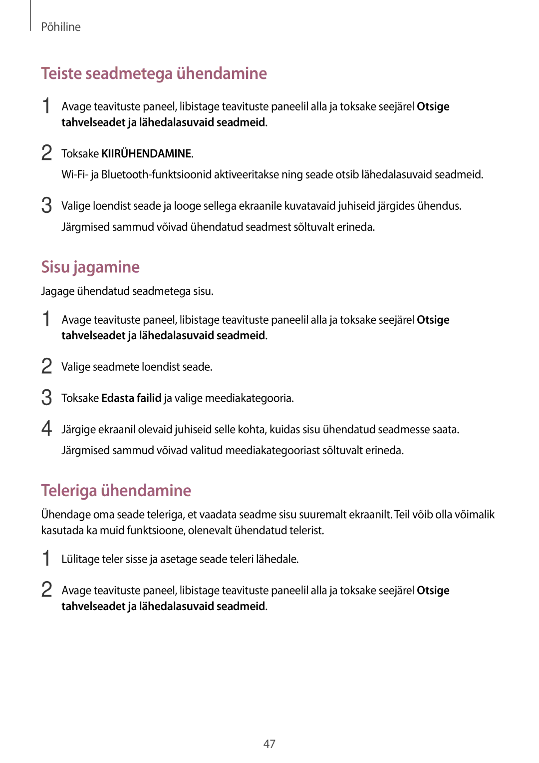 Samsung SM-T815NZWESEB manual Teiste seadmetega ühendamine, Sisu jagamine, Teleriga ühendamine, Toksake Kiirühendamine 