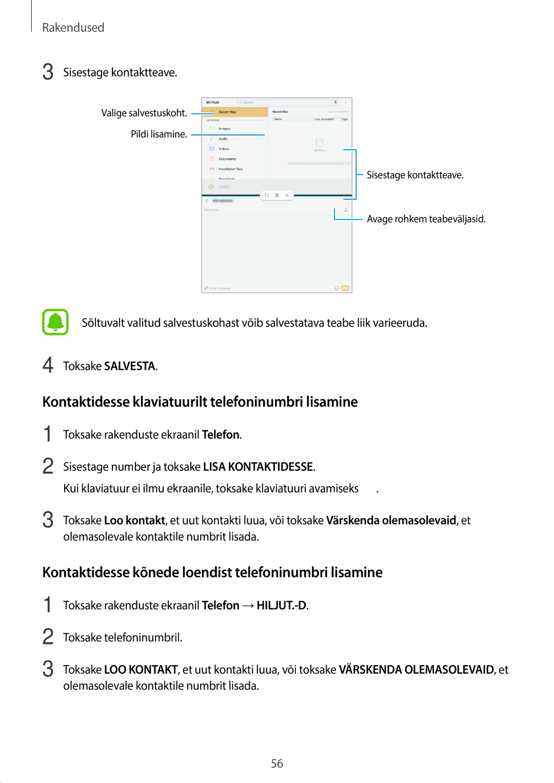 Samsung SM-T815NZWESEB, SM-T815NZDESEB, SM-T815NZKESEB manual Kontaktidesse klaviatuurilt telefoninumbri lisamine 