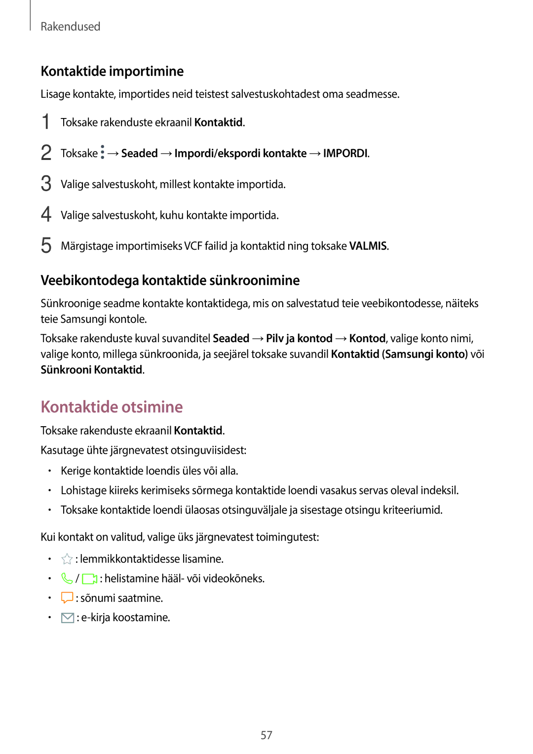 Samsung SM-T815NZDESEB manual Kontaktide otsimine, Kontaktide importimine, Veebikontodega kontaktide sünkroonimine 