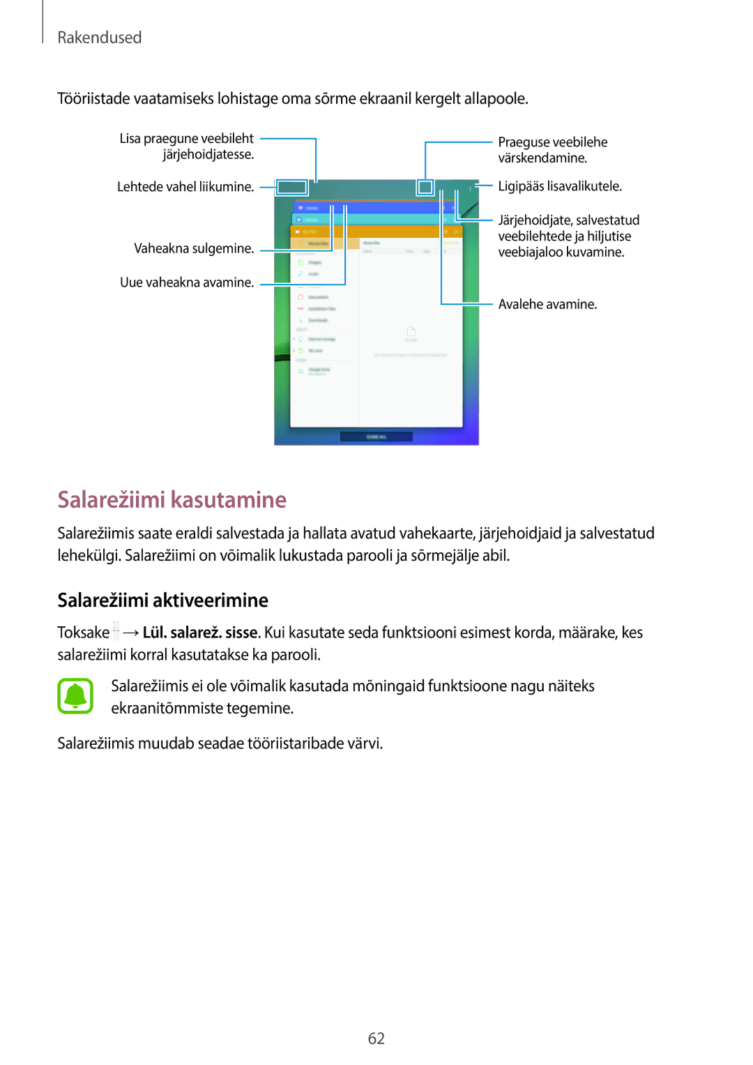 Samsung SM-T815NZWESEB, SM-T815NZDESEB, SM-T815NZKESEB manual Salarežiimi kasutamine, Salarežiimi aktiveerimine 