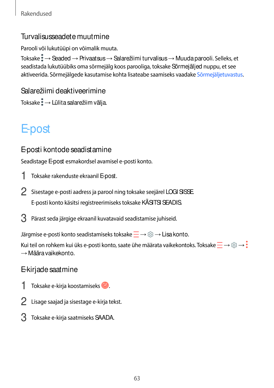 Samsung SM-T815NZDESEB manual Turvalisusseadete muutmine, Salarežiimi deaktiveerimine, Posti kontode seadistamine 