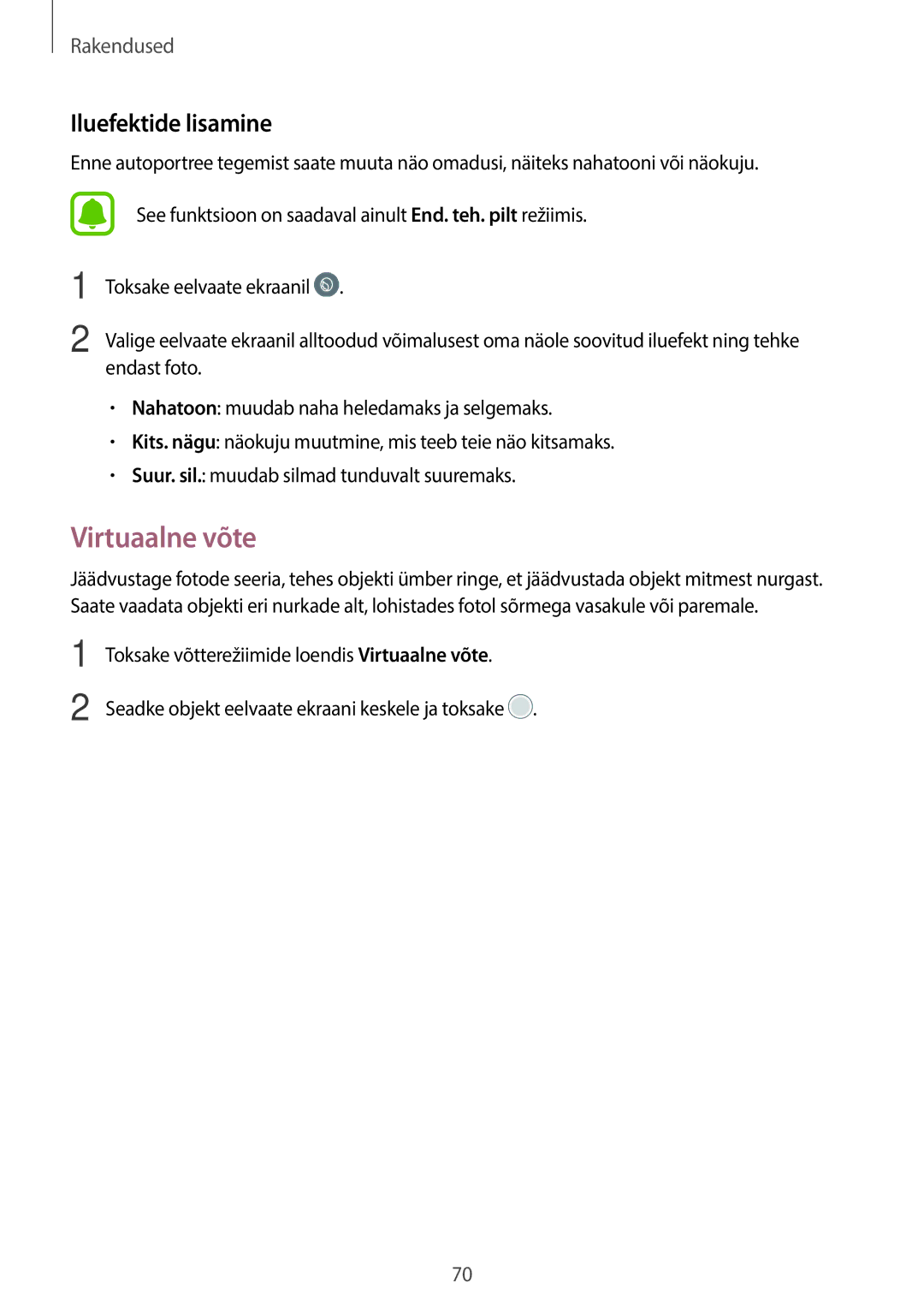 Samsung SM-T815NZKESEB, SM-T815NZDESEB, SM-T815NZWESEB manual Virtuaalne võte, Iluefektide lisamine 