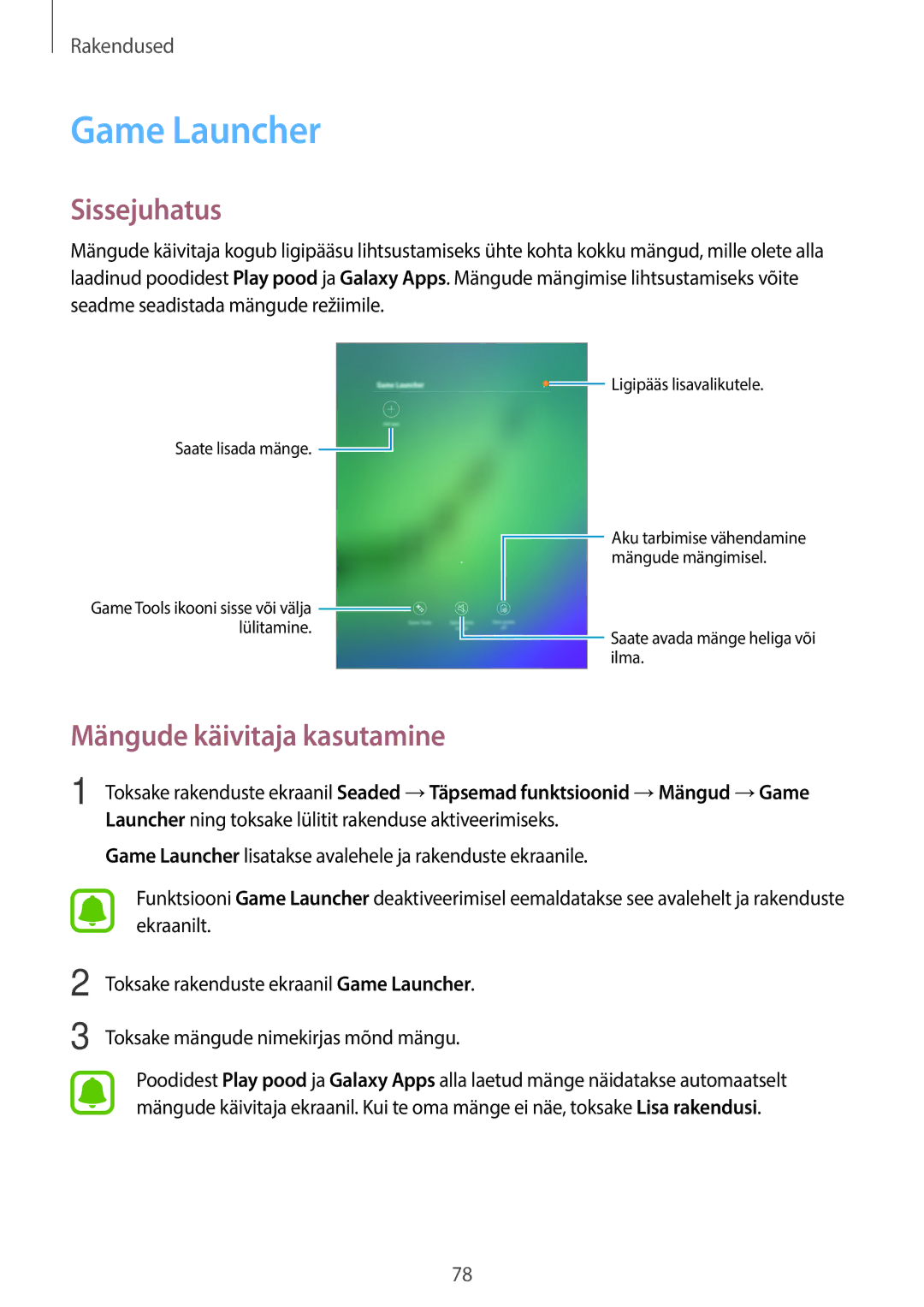 Samsung SM-T815NZDESEB, SM-T815NZKESEB, SM-T815NZWESEB manual Game Launcher, Mängude käivitaja kasutamine 