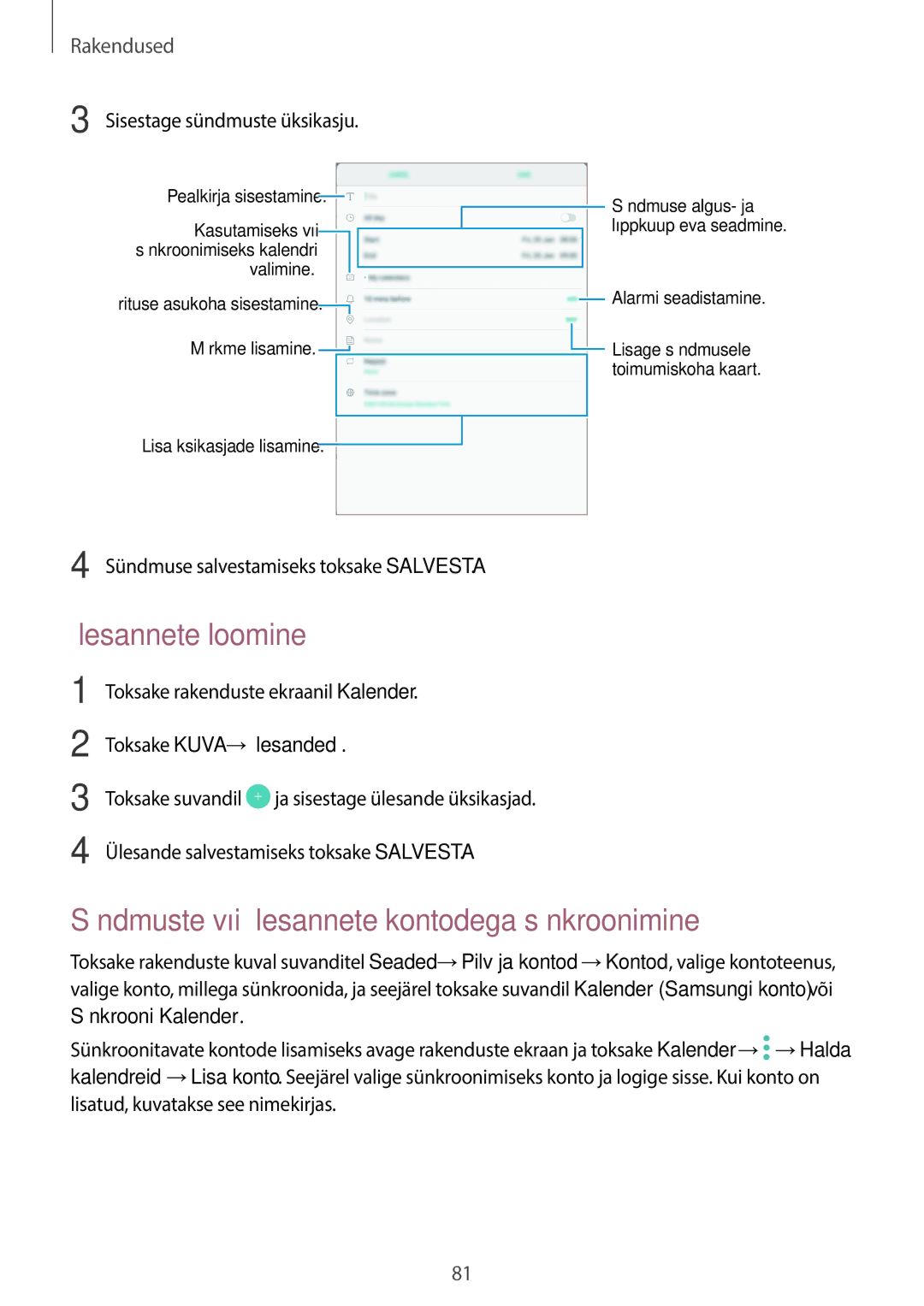 Samsung SM-T815NZDESEB manual Ülesannete loomine, Sündmuste või ülesannete kontodega sünkroonimine, Toksake Kuva →Ülesanded 