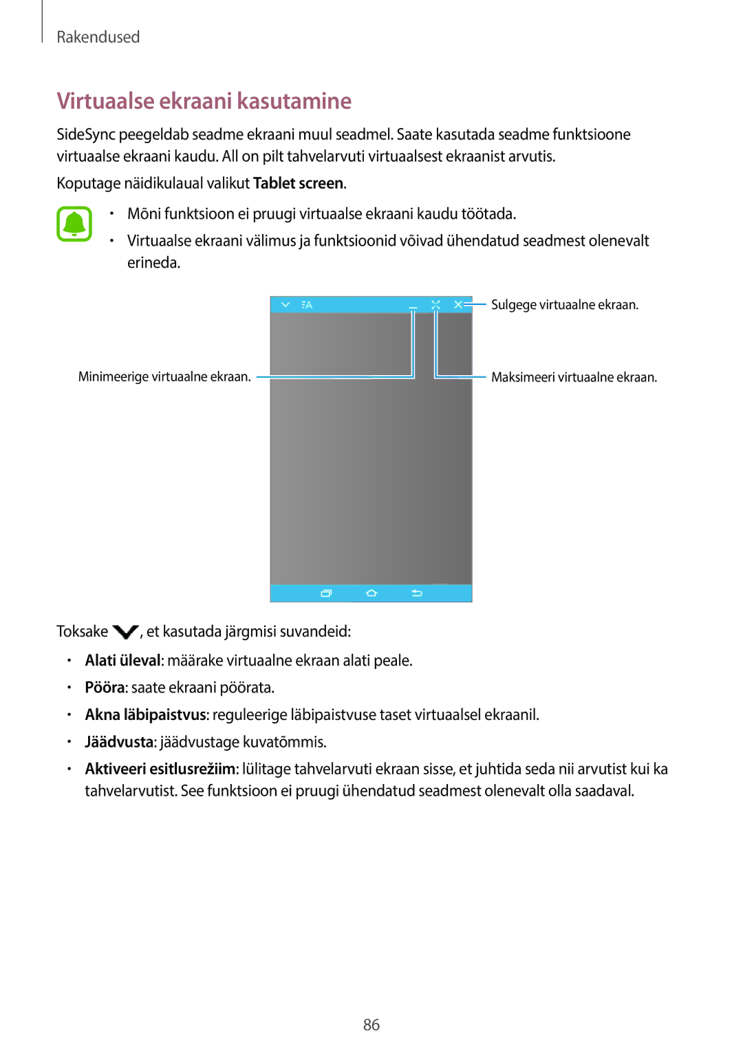 Samsung SM-T815NZWESEB, SM-T815NZDESEB, SM-T815NZKESEB manual Virtuaalse ekraani kasutamine 