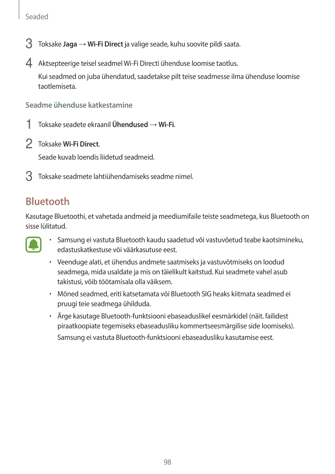 Samsung SM-T815NZWESEB, SM-T815NZDESEB, SM-T815NZKESEB manual Bluetooth, Seadme ühenduse katkestamine 