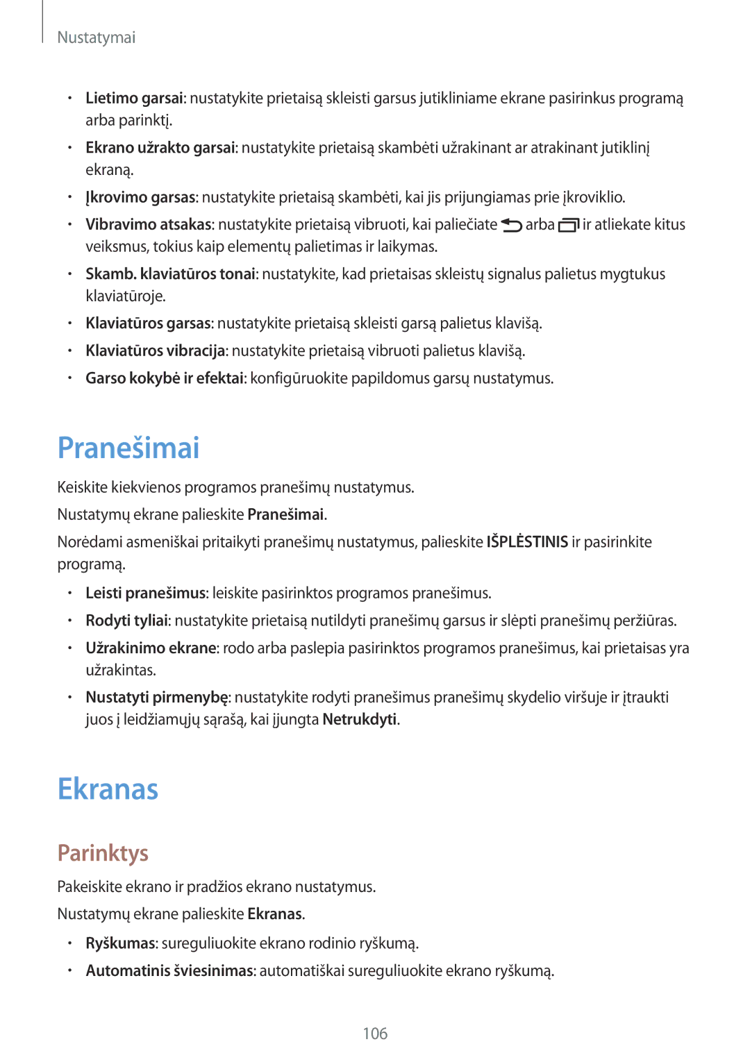 Samsung SM-T815NZKESEB, SM-T815NZDESEB, SM-T815NZWESEB manual Pranešimai, Ekranas, Parinktys 