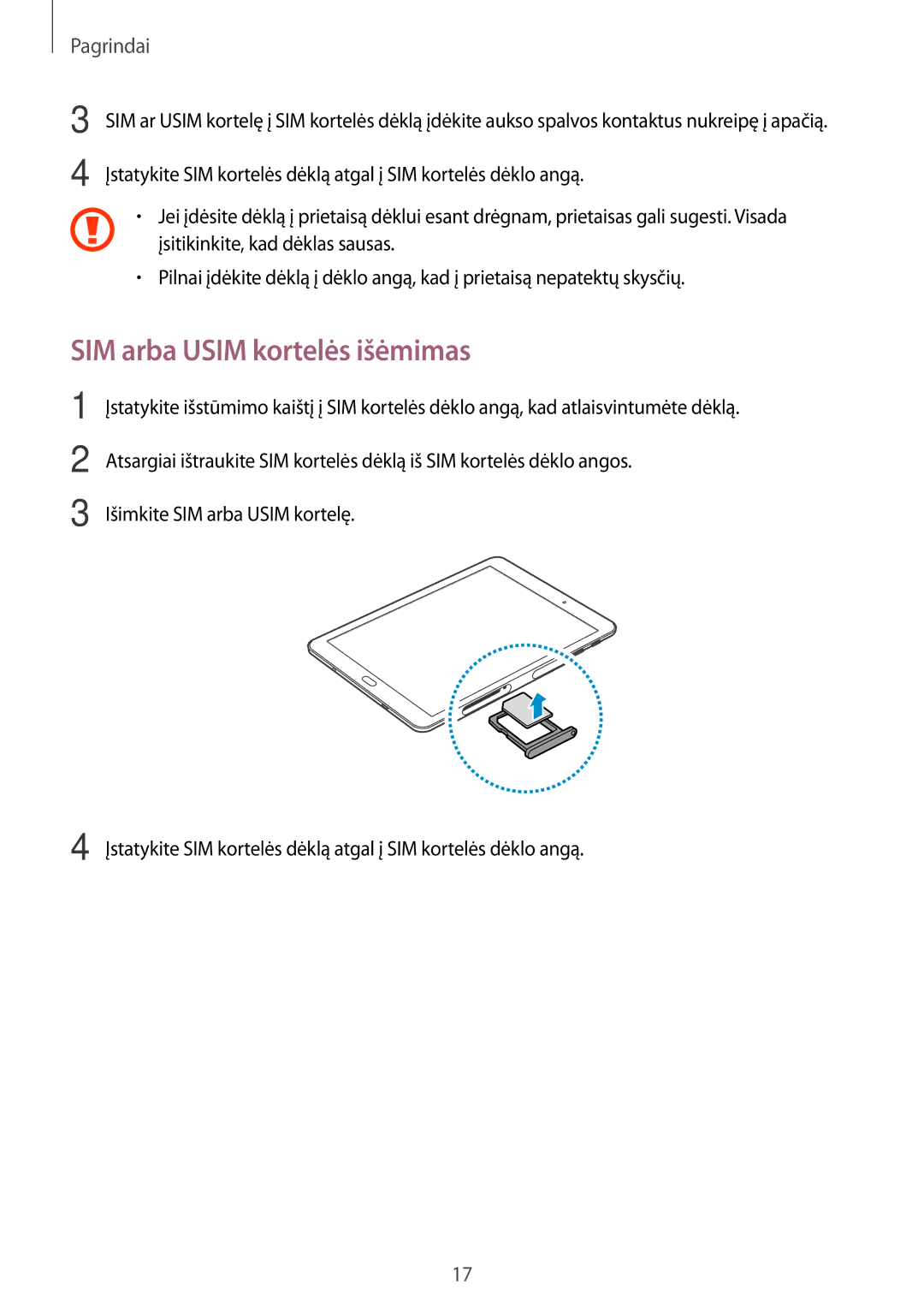 Samsung SM-T815NZWESEB, SM-T815NZDESEB, SM-T815NZKESEB manual SIM arba Usim kortelės išėmimas 