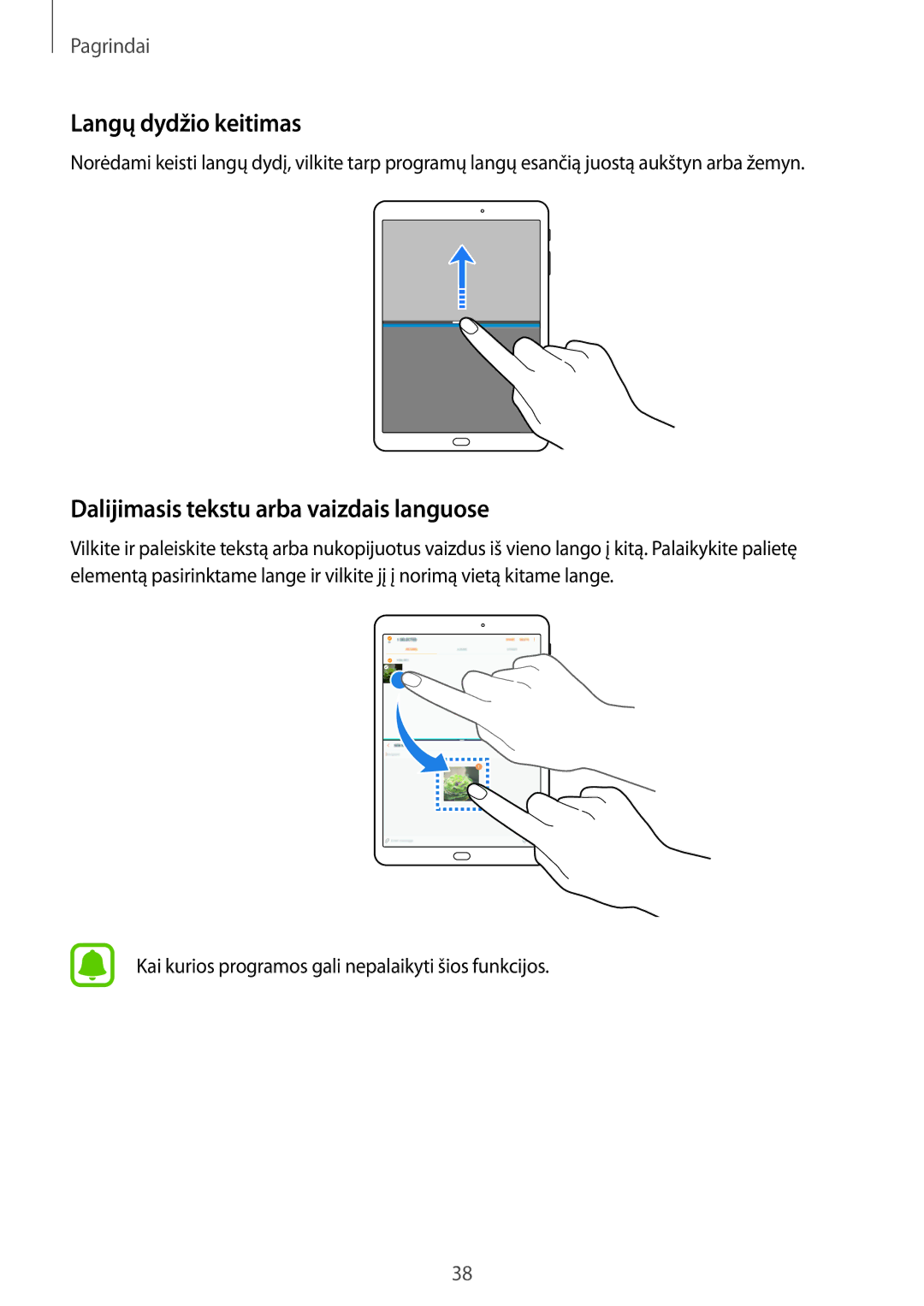 Samsung SM-T815NZWESEB, SM-T815NZDESEB, SM-T815NZKESEB Langų dydžio keitimas, Dalijimasis tekstu arba vaizdais languose 