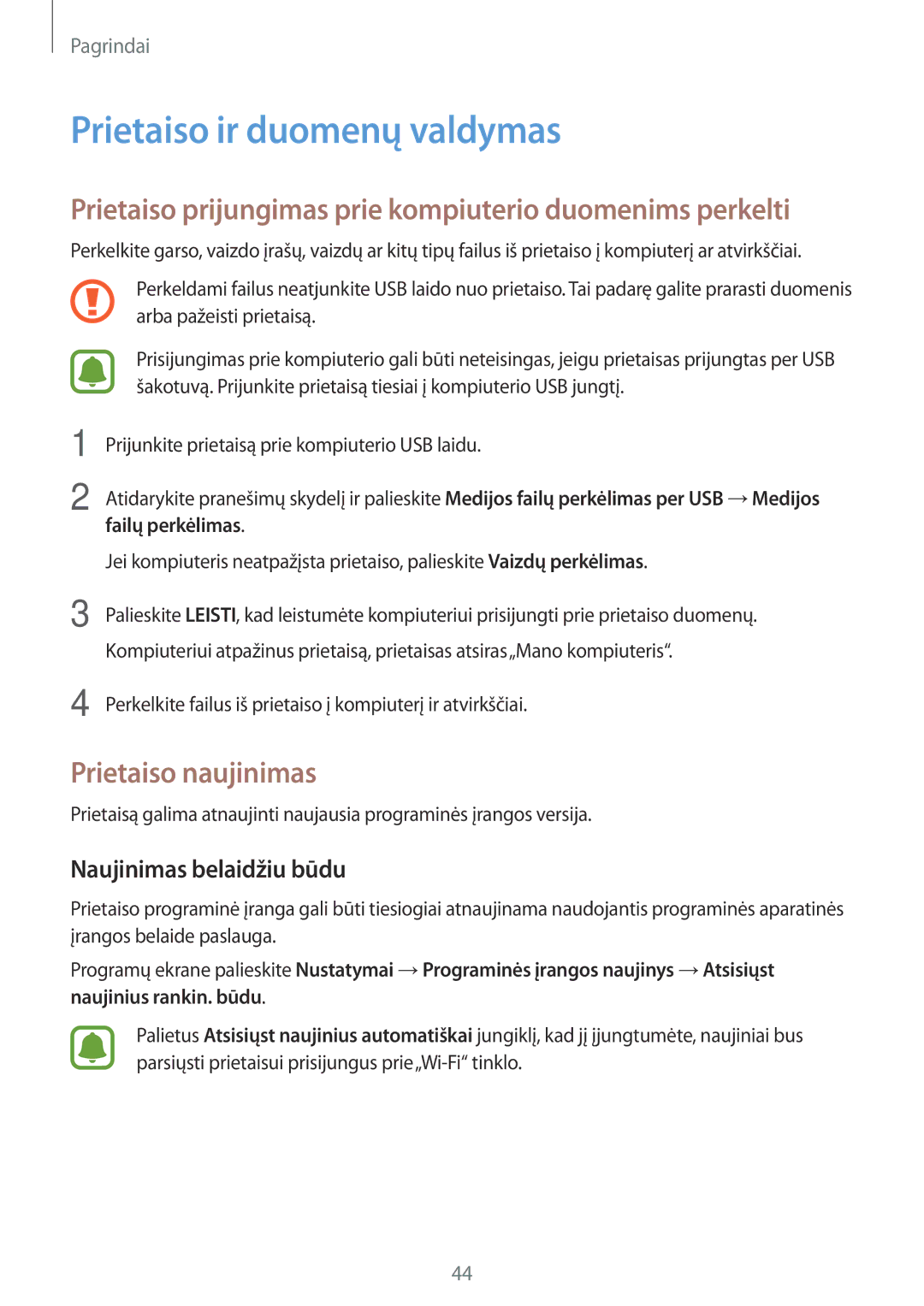 Samsung SM-T815NZWESEB, SM-T815NZDESEB manual Prietaiso ir duomenų valdymas, Prietaiso naujinimas, Naujinimas belaidžiu būdu 