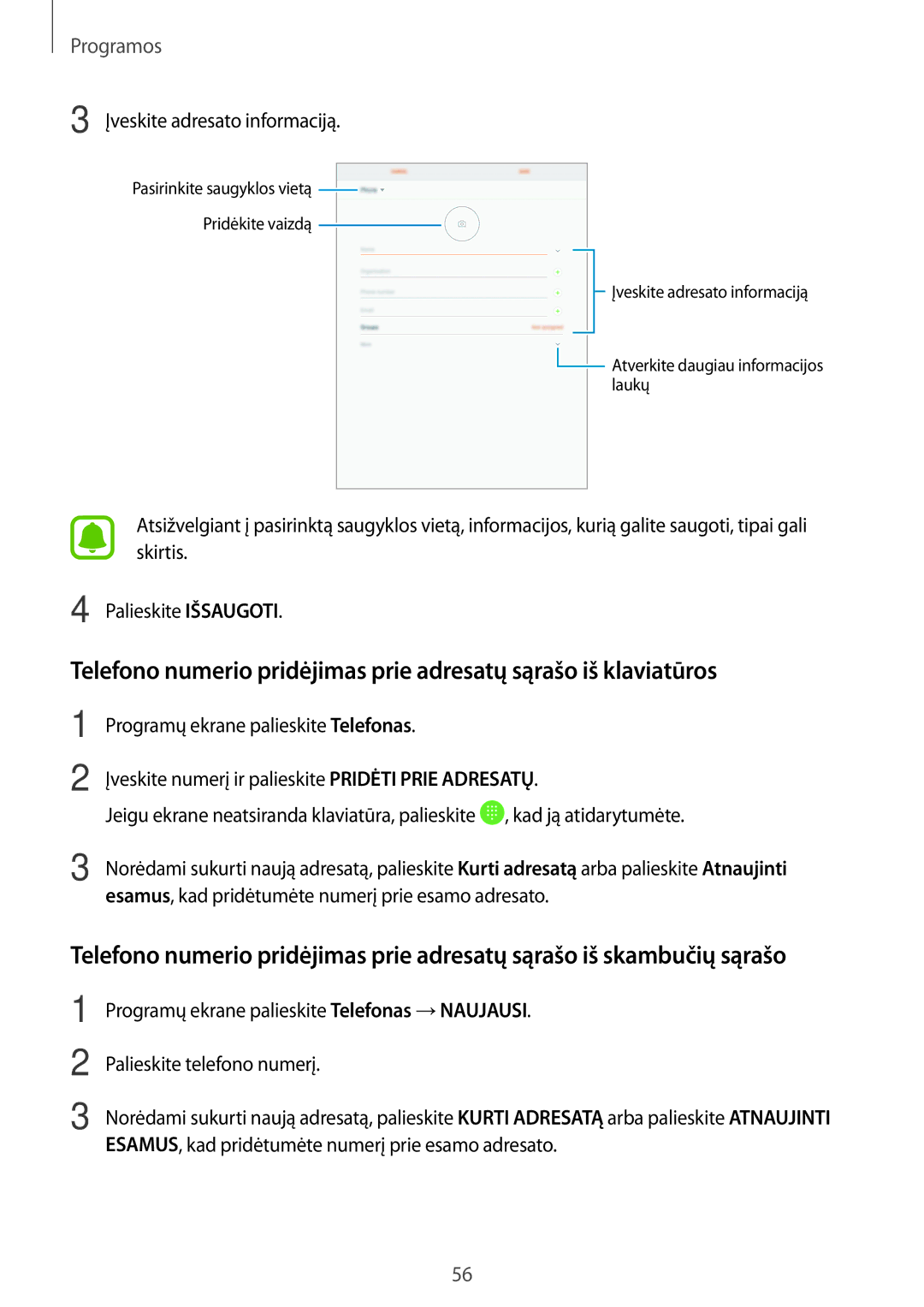 Samsung SM-T815NZWESEB, SM-T815NZDESEB, SM-T815NZKESEB manual Įveskite adresato informaciją 