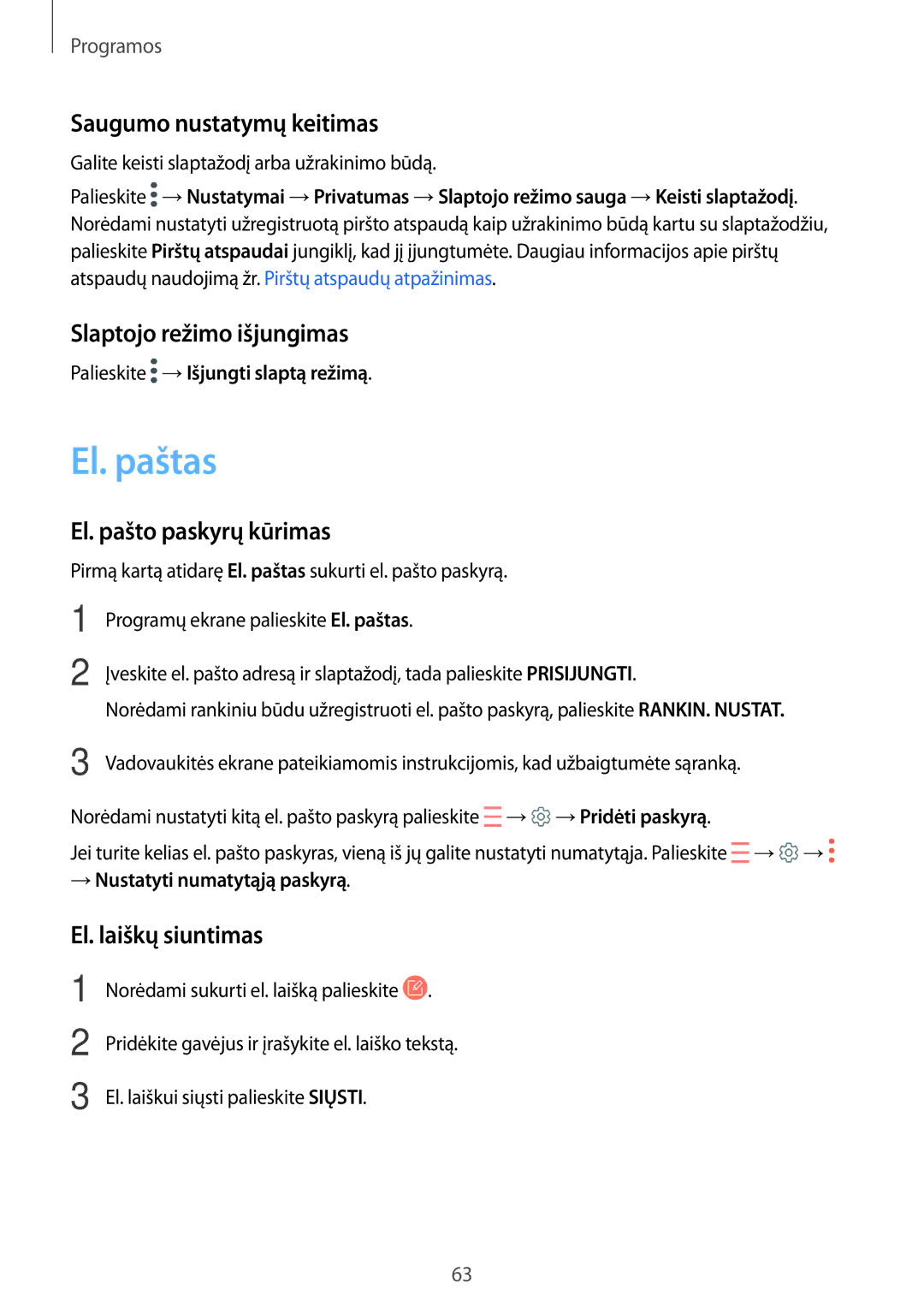 Samsung SM-T815NZDESEB manual El. paštas, Saugumo nustatymų keitimas, Slaptojo režimo išjungimas, El. pašto paskyrų kūrimas 